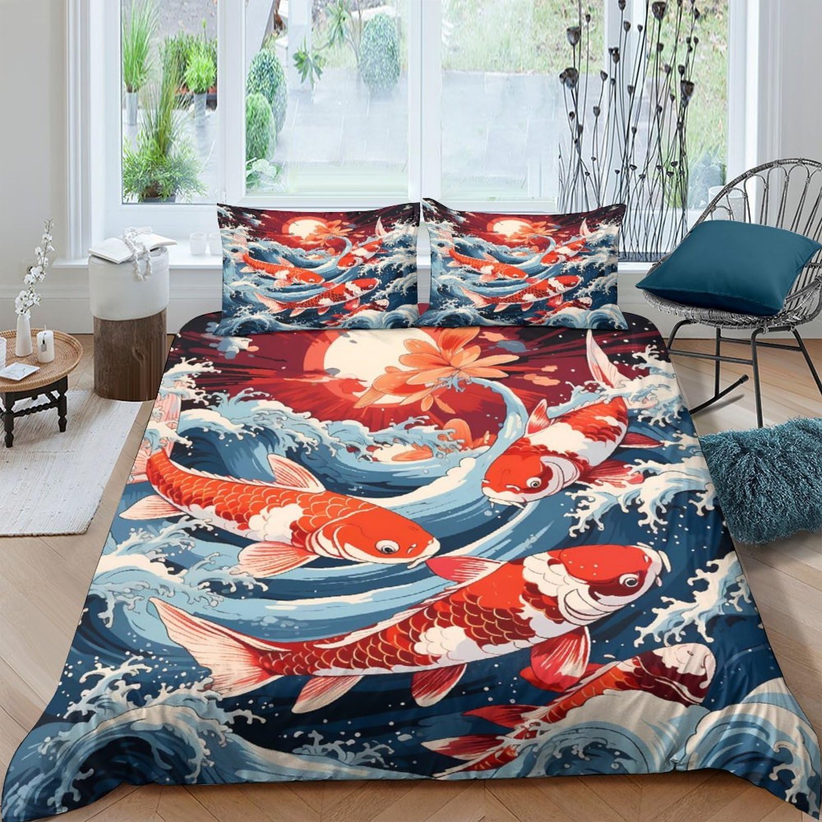 Ctjqhvkz Style-1 3D Printed Japanese Koi Wave Fitted Sheet Microfiber Artistic Bed Cover For Bedroom Guest Room Mattress Decor Single（135X200cm）
