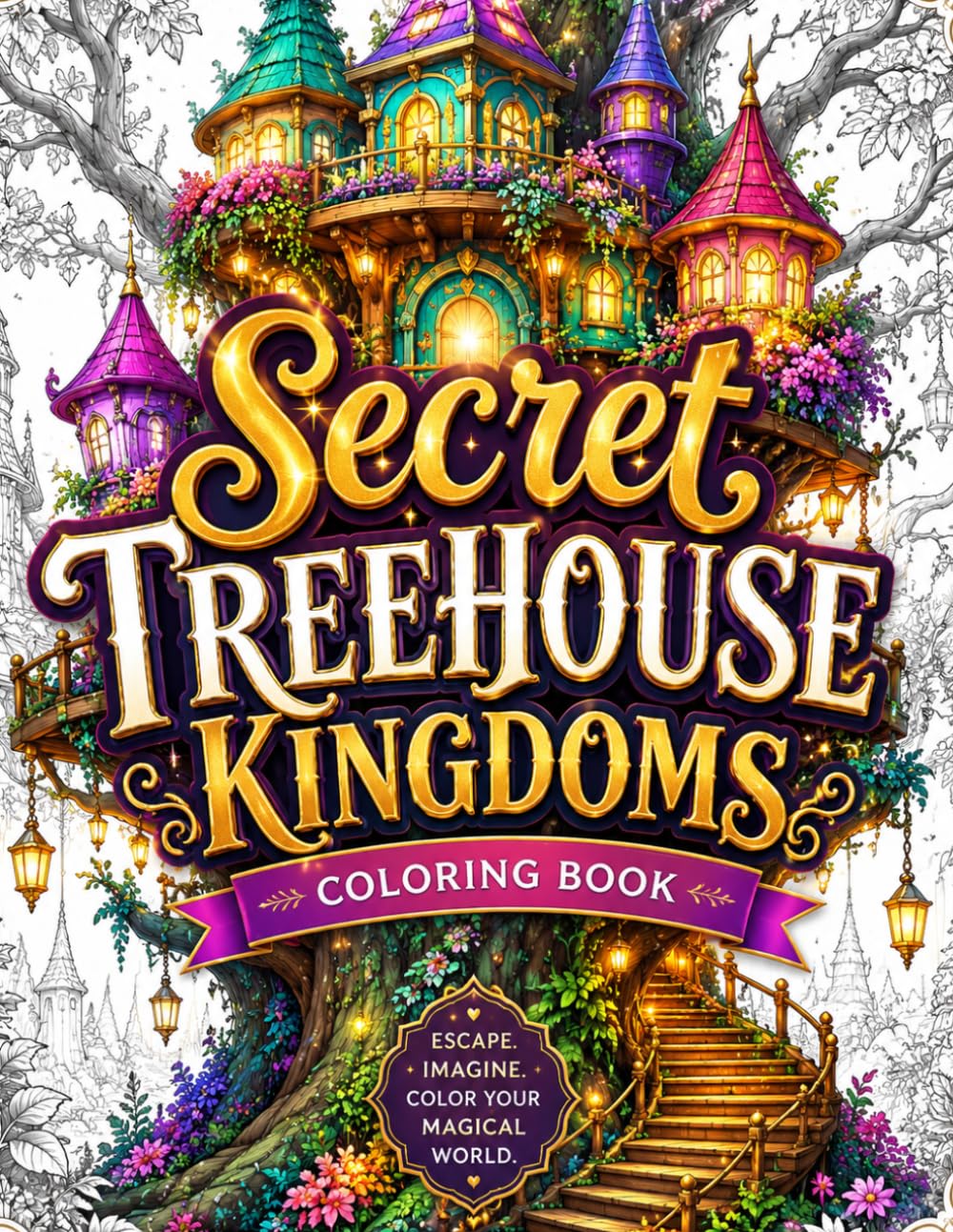 Secret Treehouse Kingdoms Coloring Book: 50 Enchanting Fantasy Treehouses, Magical Stone Cottages, Mushroom Mansions, Flower Castles, Hidden Gardens, ... Relaxation, Stress Relief and Creative Escape