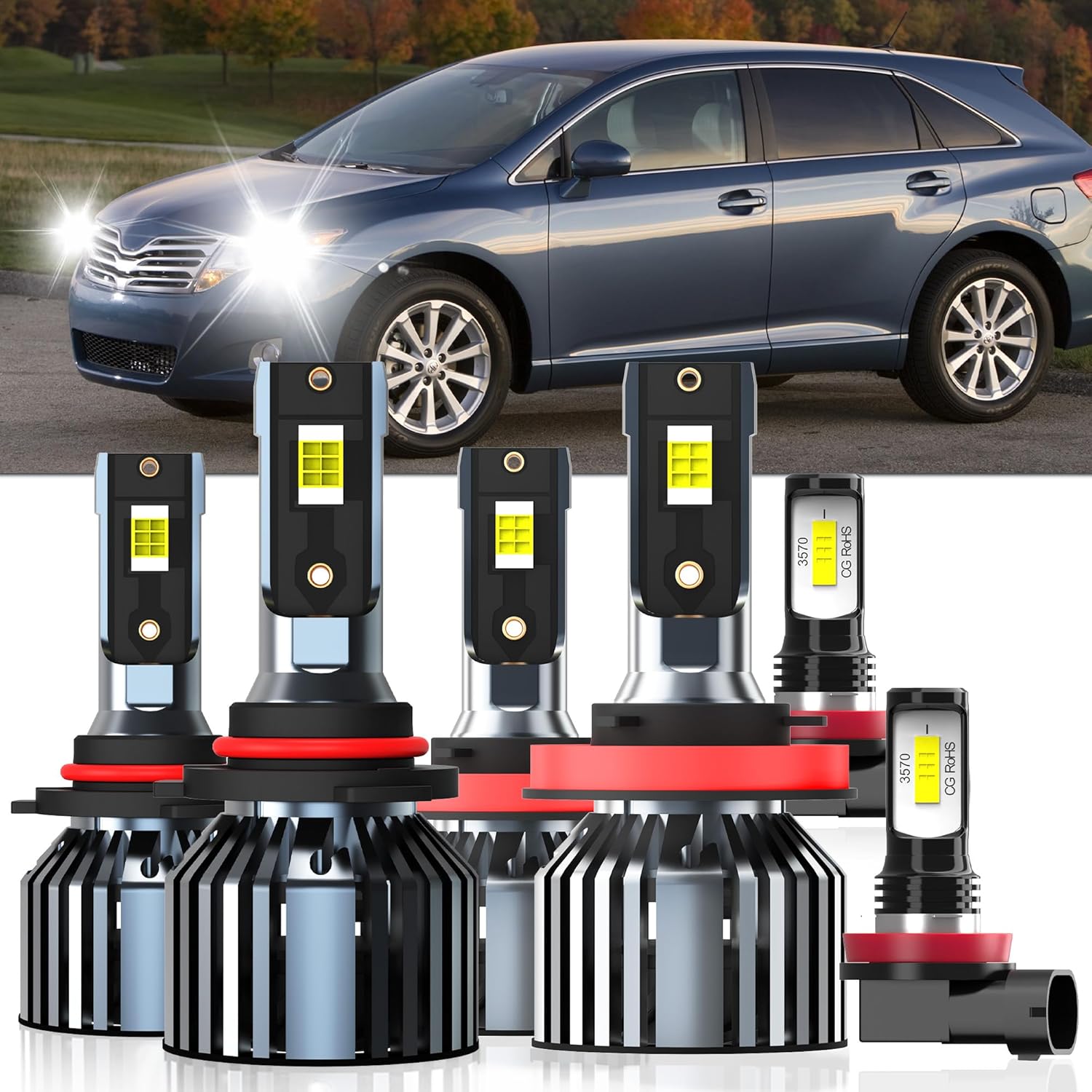 Lights Fit For Toyota Venza 2009 2010 2011 2012 2013 2014 2015 2016, 9005 High Beam H11 Low Beam H11 Fog Light Bulbs, High Power 6500K White Light, Pack of 6 for Toyota Venza 2009-2016 (6 Pack)