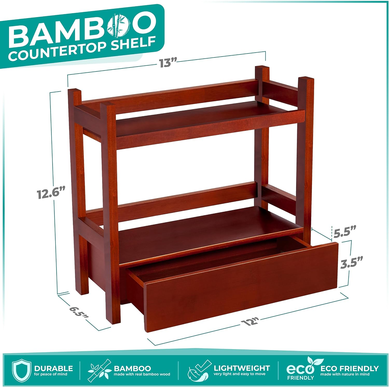 Sorbus Bamboo Bathroom Counter Organizer – 2-Tier Shelf with Hidden Drawer for Vanity, Matcha Station, Bathroom Sink Organizer Countertop, Kitchen & Office Storage (13″ L x 6.5″ W x 12.6″ H) (Brown)