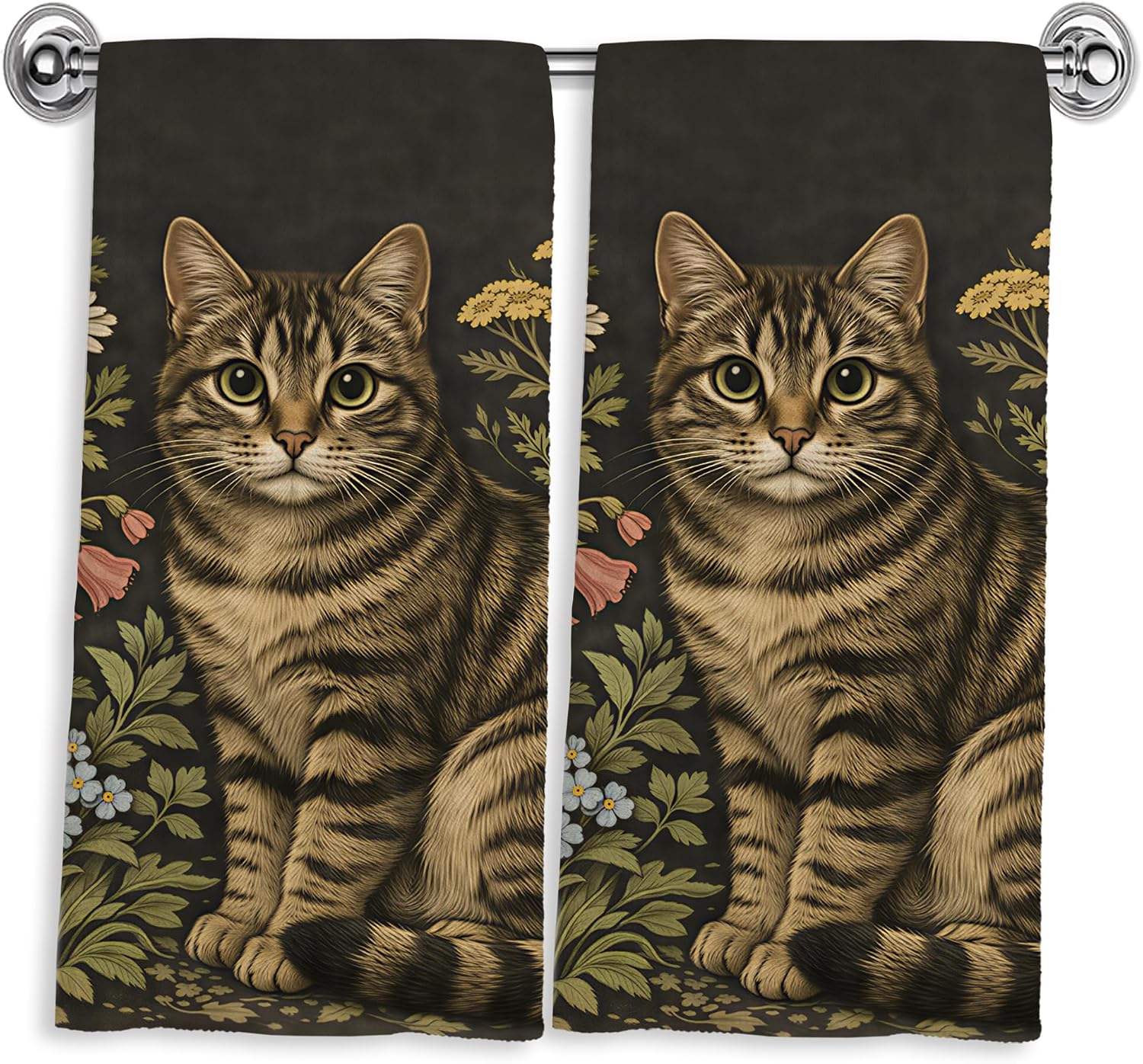 Vintage Floral Tabby Cat Hand Dish Tea Towels for Kitchen Bathroom Decor 16x24 Inches, Cat Mom Lady Gifts, Dark Botanical Kitty Kitchen Towels Decorative, Set of 2