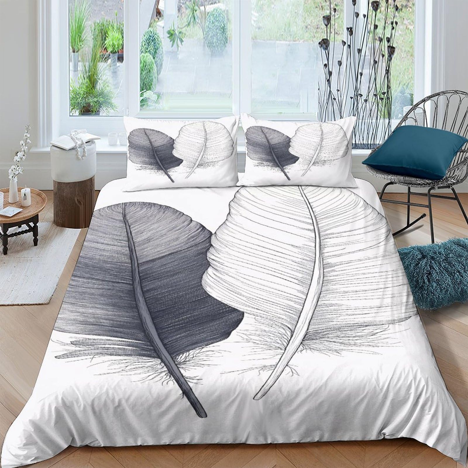 Ctjqhvkz Style-4 3D Printed Feather Leaf Fitted Sheet Microfiber Soft Grey White Bed Cover For Bedroom Dorm Mattress Decor Single（135X200cm）