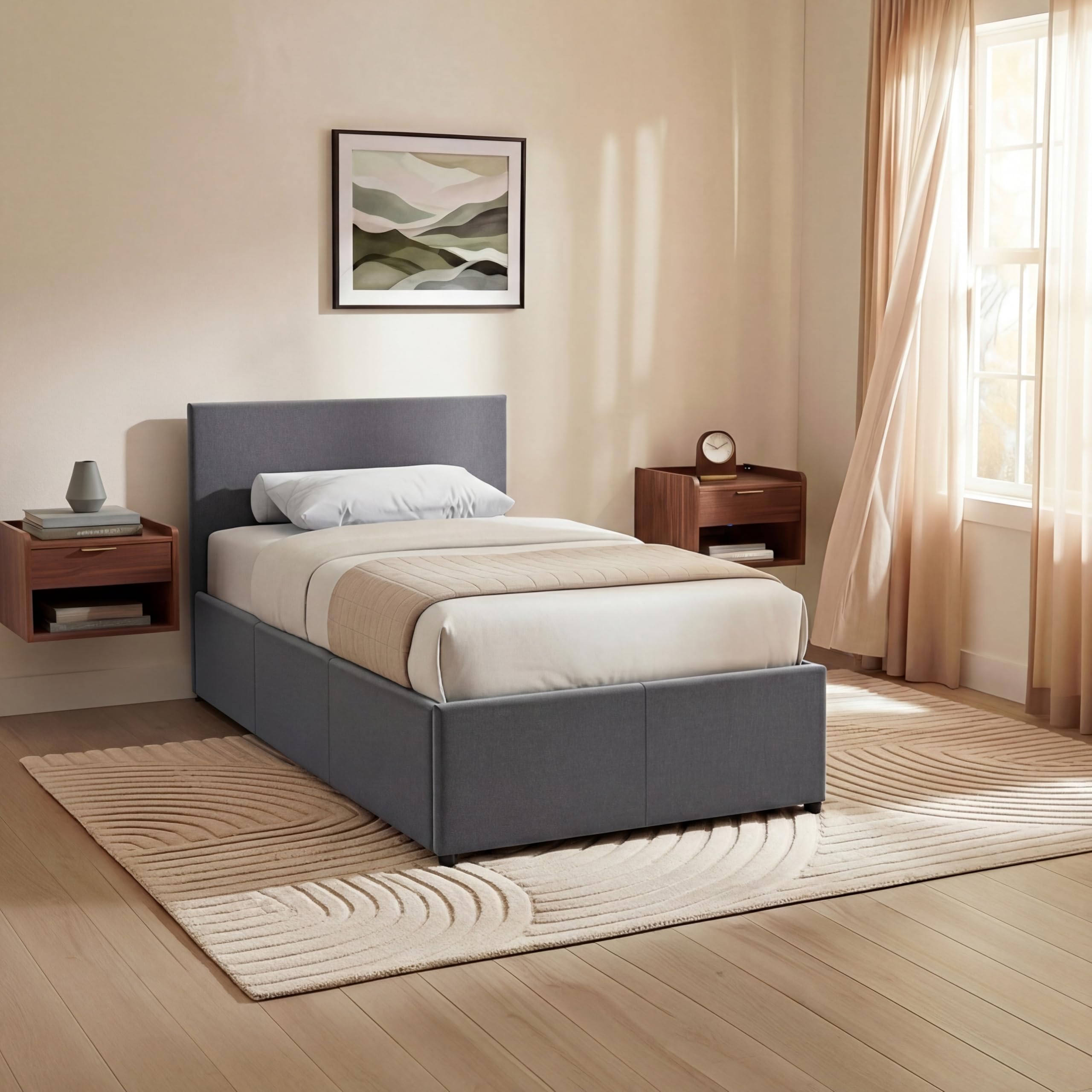 Vida Designs Veronica Single Ottoman Bed Frame | Dark Grey Linen | Upholstered Fabric | 3ft | Gas-Lift End Opening | Under-Bed Storage Space, Slatted Bed Base | Bedroom Furniture