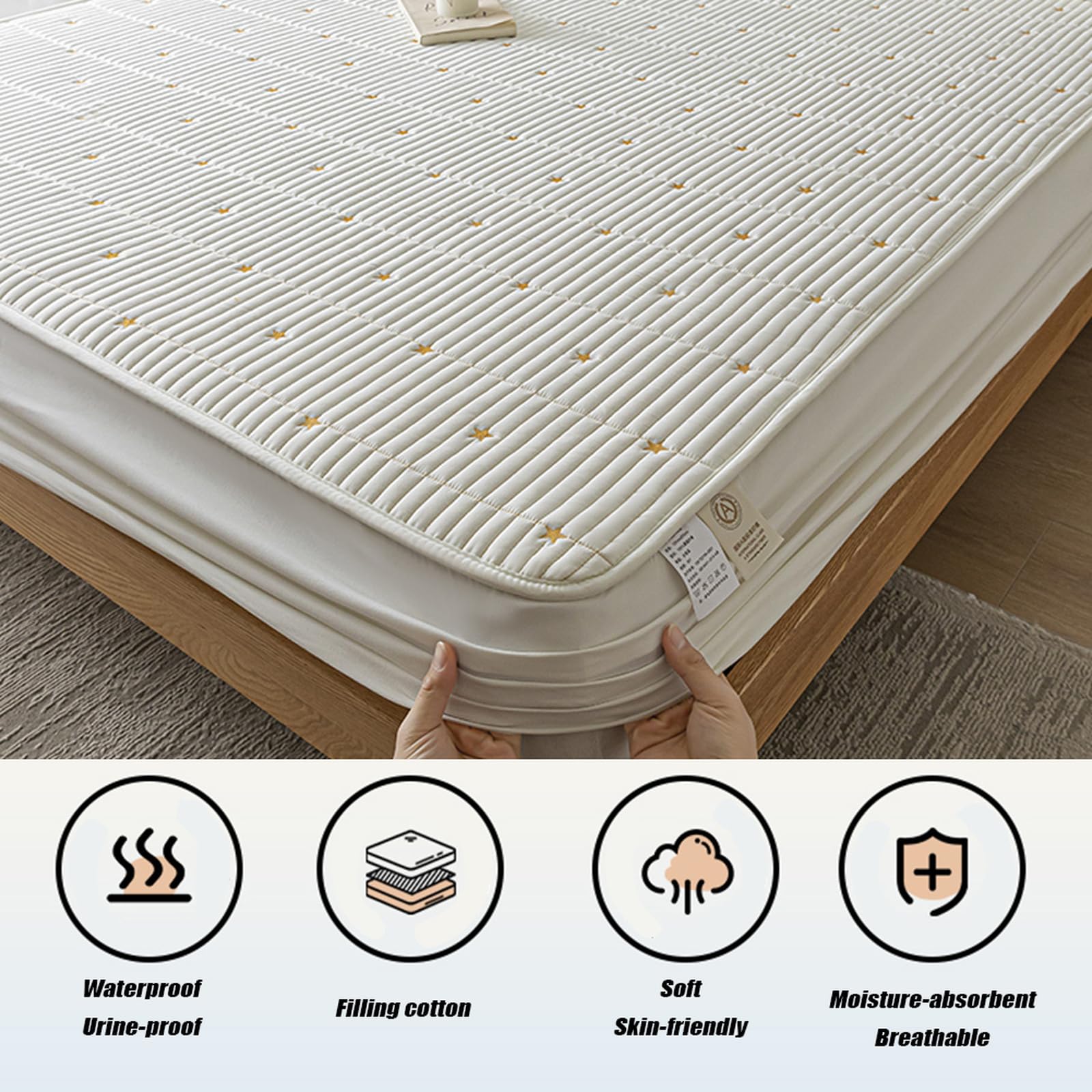 Sábana bajera ultra suave de 180 x 200 cm + funda de almohada de 30 cm, protector de colchón impermeable extra profundo y protector de colchón acolchado para una comodidad superior
