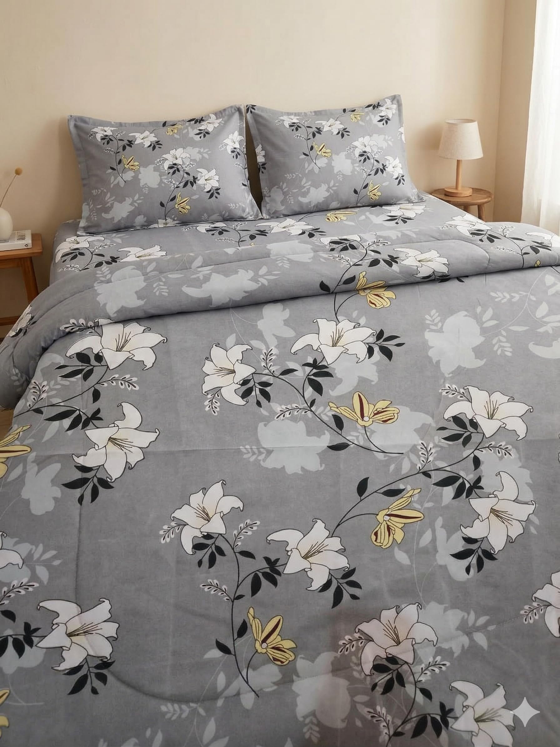 YORIK 100% Microfiber bedsheet for Double Bed with 2 Pillow Covers Breathable | Wrinklefree and Softtouch White Flower Print Sheet (Grey)