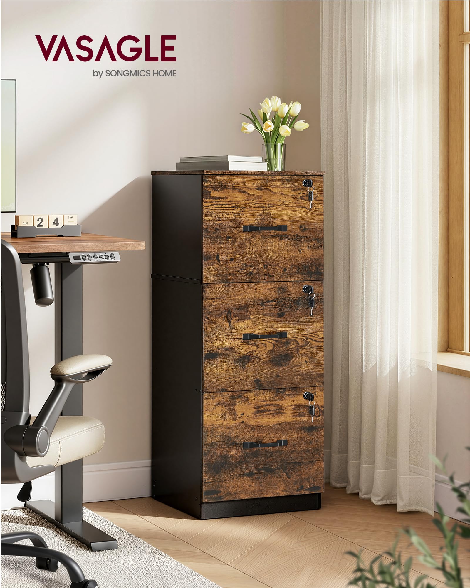 VASAGLE Meuble de Bureau avec 3 Tiroirs Verrouillables, Tringles Réglables, Compatible A4, Marron Rustique et Noir