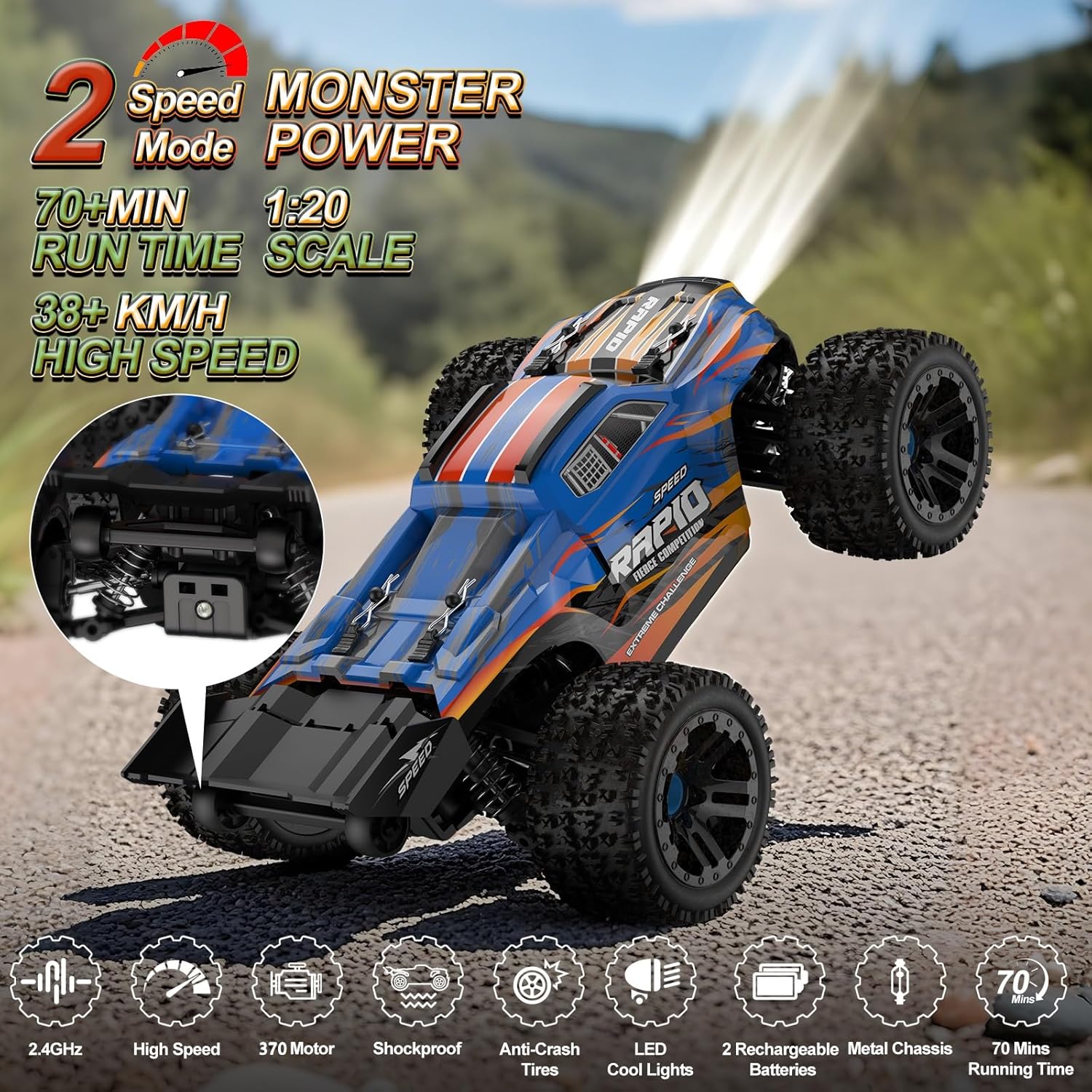 Nikuku Fast Remote Control Car, 38 KPH High Speed Off Road RC Cars with 2.4 GHz, 1:20 Scale 4WD Electric All Terrain RC Monster Truck Toys, Christmas Birthday Gifts for Adults & Boys