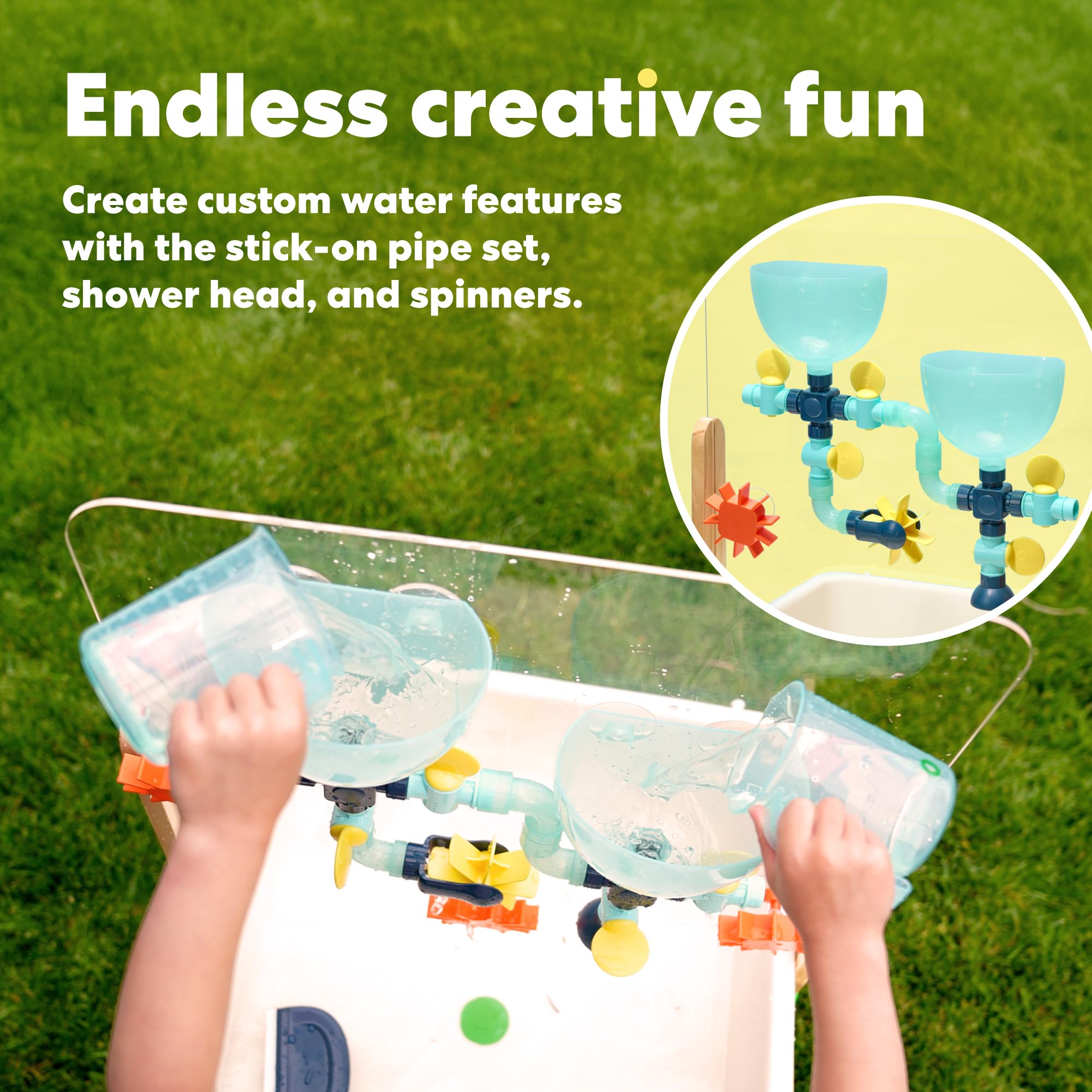 KiwiCo - Mesa de actividades de agua y arena para niños, mesa de juego sensorial de madera premium con panel de arte y 26 accesorios, juguete de aprendizaje STEM a partir de 3 años
