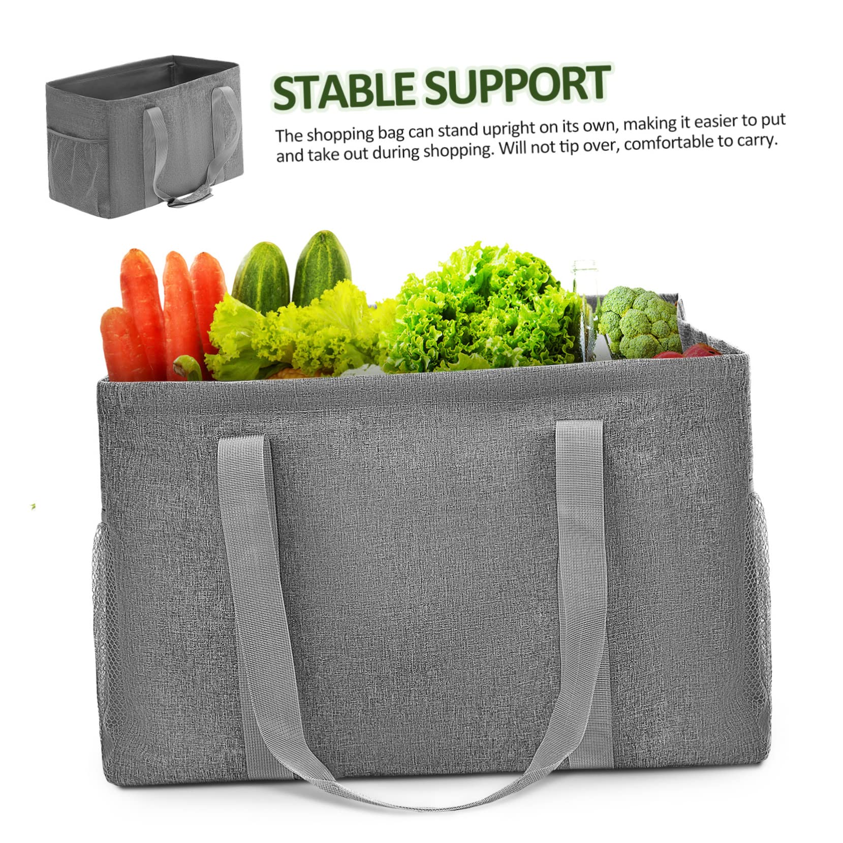 Borsa della Spesa Pieghevole in Cotone Canvas con Rivestimento, Capacità 35l, Doppie Tasche a Rete e Manici Rinforzati, per Spiaggia e Uso Quotidiano