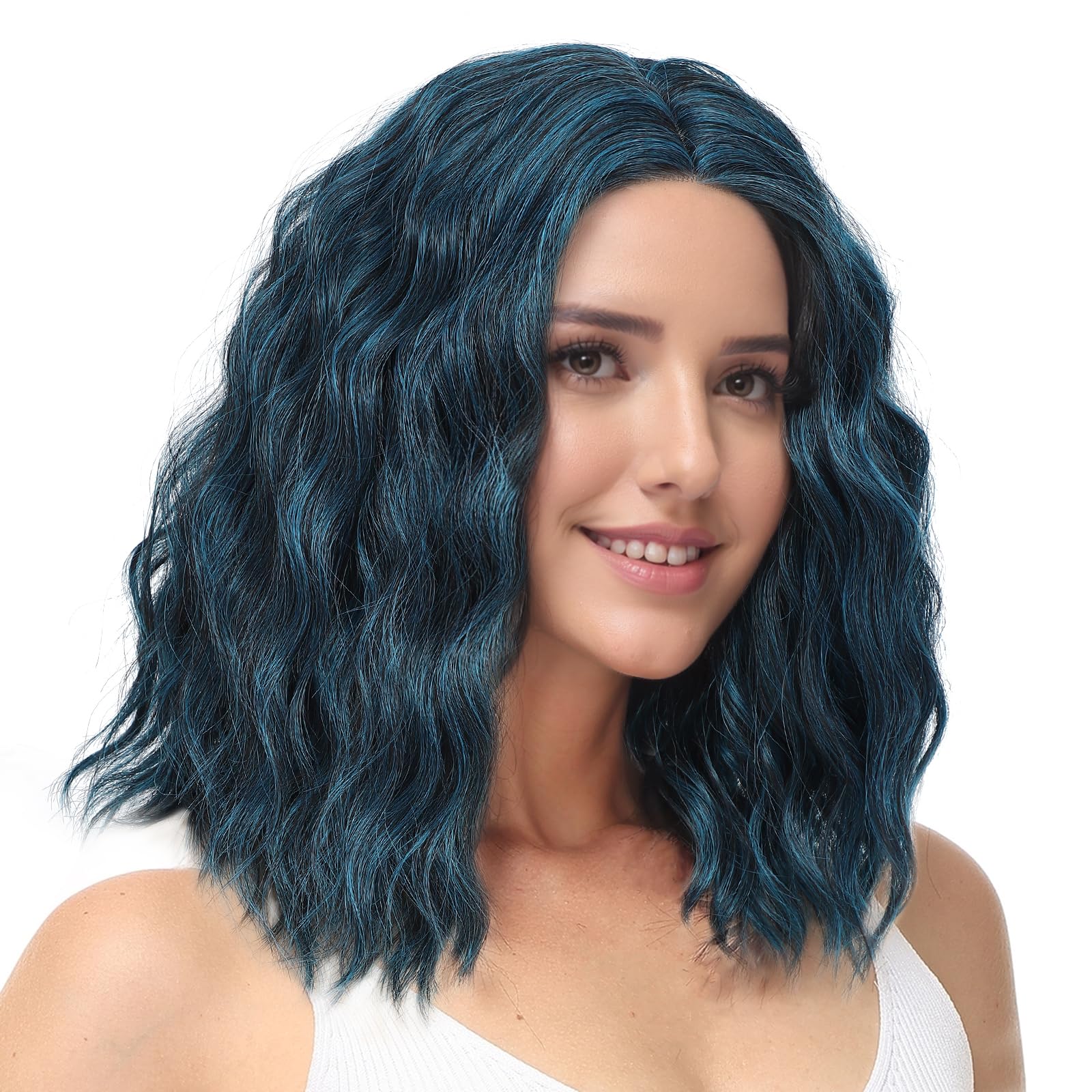 BUYOGET Medium Short Wig Wavy Bob Wig Realistic Natural Lace Front Scalp Adjustable Synthetic Shoulder Length Curly Wigs for Women Blue