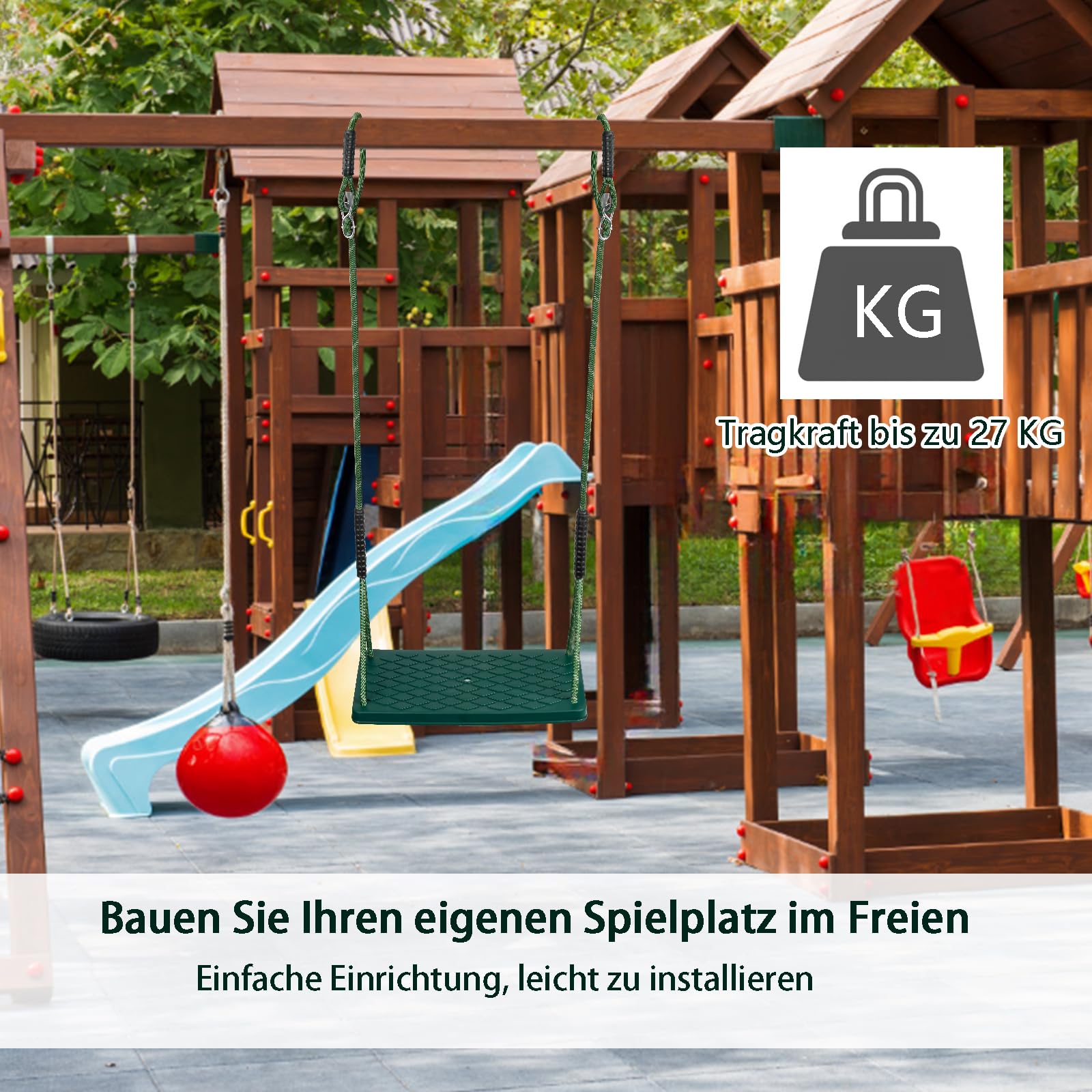 Schaukel Garden,Outdoor-Baumschaukel Rutschfestem Weichgummi Schaukelsitz mit verstellbaren Seil und 2 Karabinern Indoor Outdoor Spielplätze Gärten Schaukel für Jugendliche/Erwachsene, Grün/270 kg