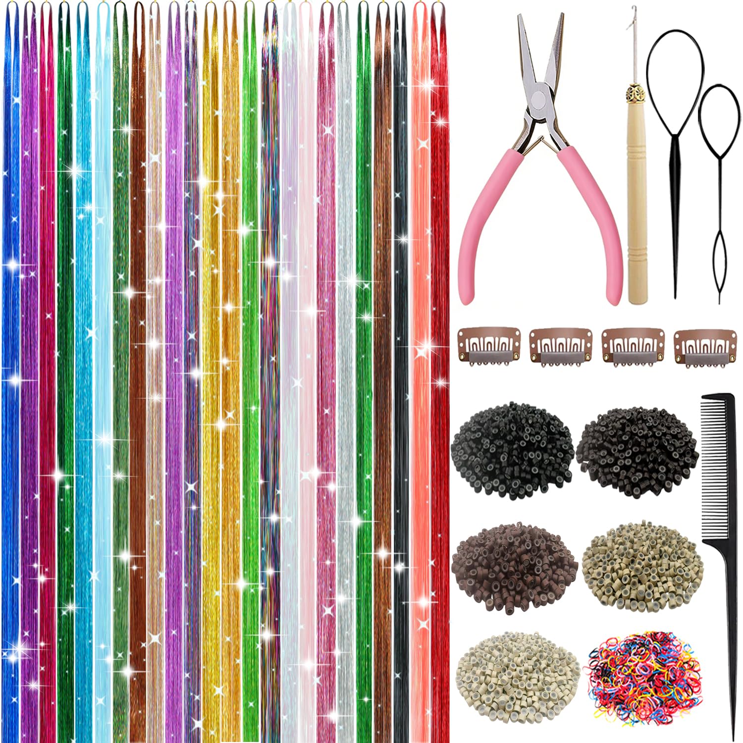 Hair Tinsel, 24 Colors Hair Tinsel Kit, 9800 Strands Tinsel Hair Extensions