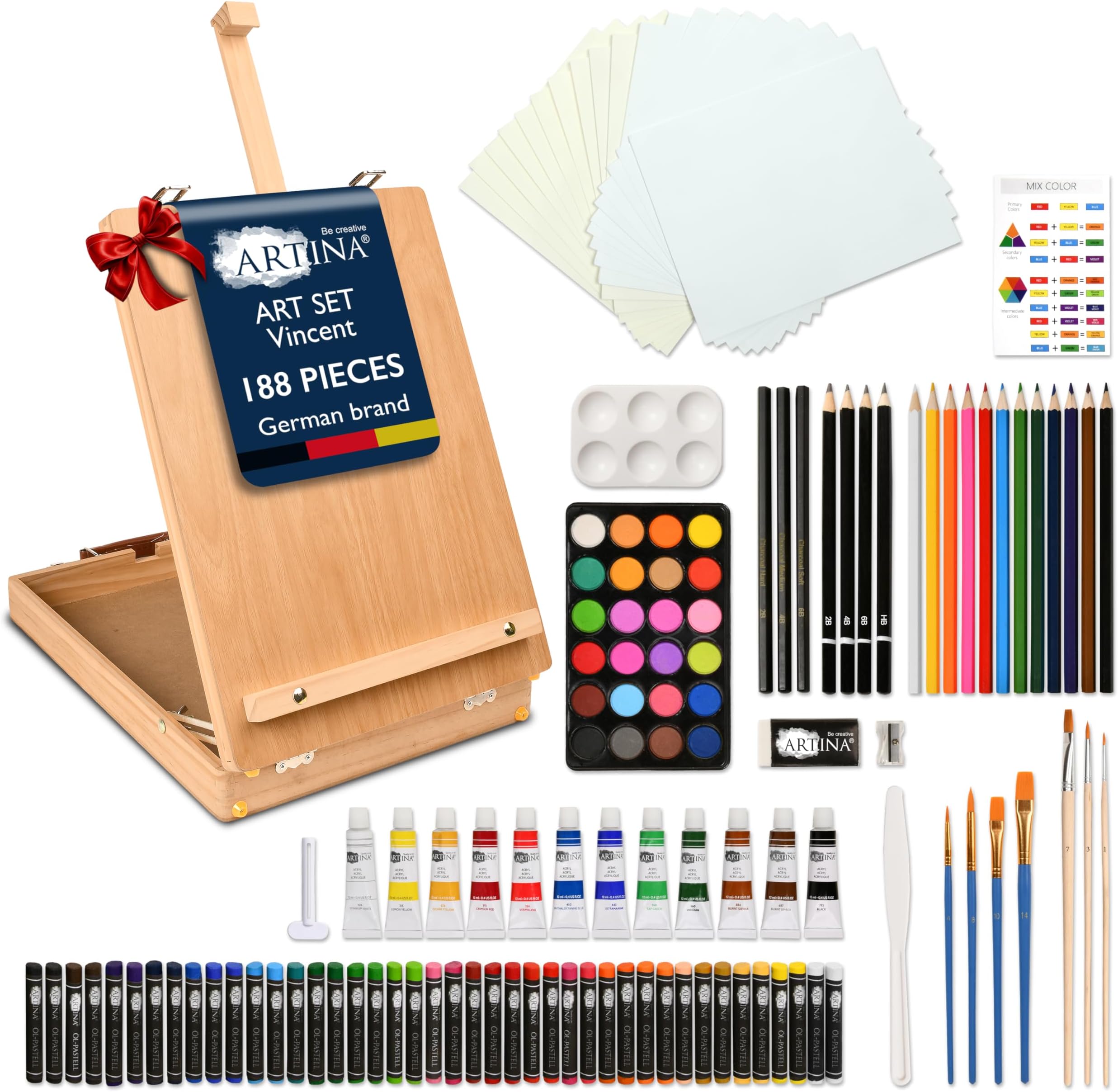 Artina 188pcs Painting Set Kit Table Easel – XXL Wooden Artist Easel Box FSC® with Acrylic Paints Oil Pastels Watercolours Paint Brushes – Christmas Art Sets for Kids, Adults & Beginners – Vincent
