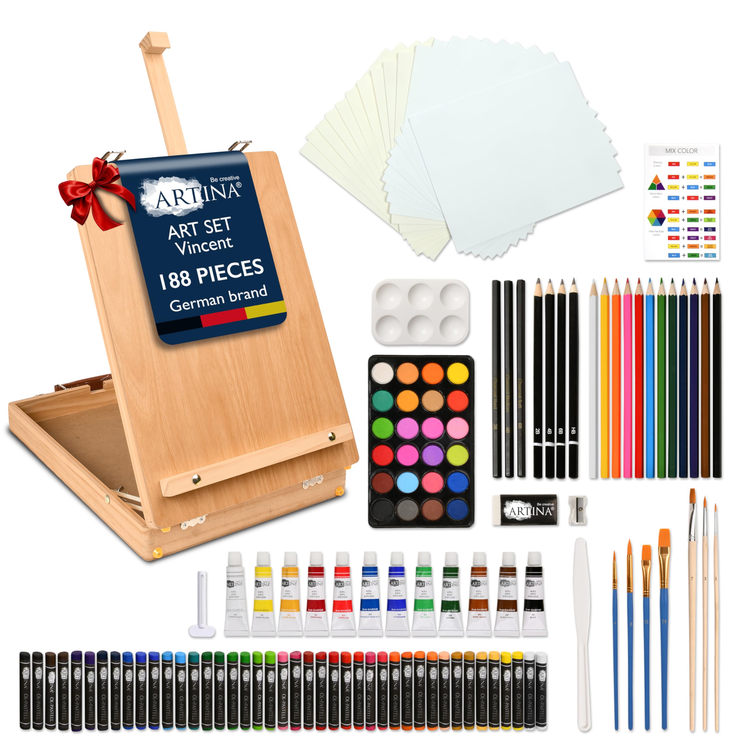 188pcs Painting Set Kit with Table Easel – XXL Wooden Artist Easel Box with Acrylic Paints Oil Pastels Watercolours Paint Brushes – Christmas Art Sets for Kids, Adults & Beginners – Vincent