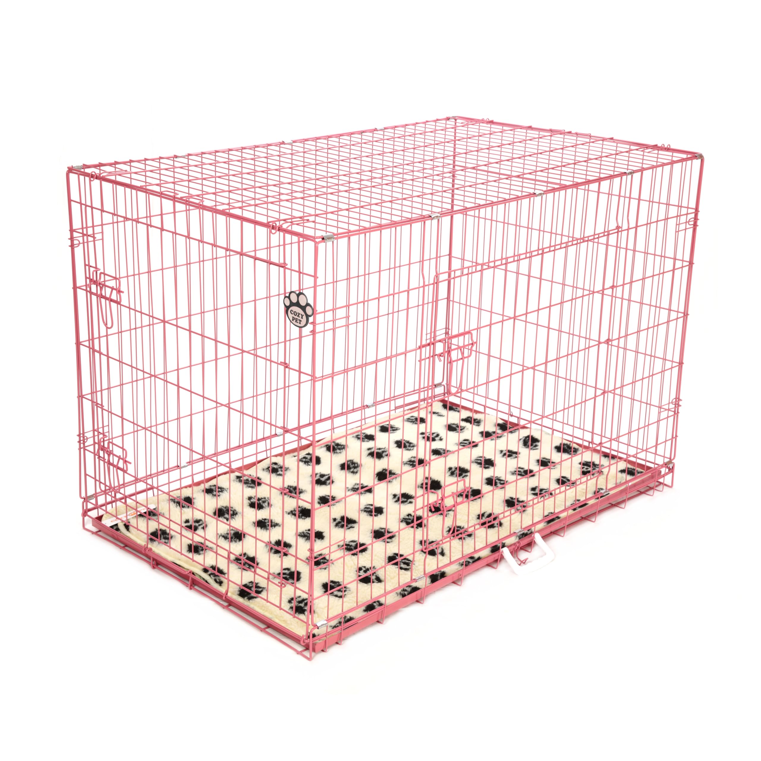 Dog Cage 42 Inch by Cozy Pet Puppy Crate in Pink with Easy-to-Clean Removable ABS Tray 2 Lockable Doors and Vet Bed Model DCP42P + VB42C