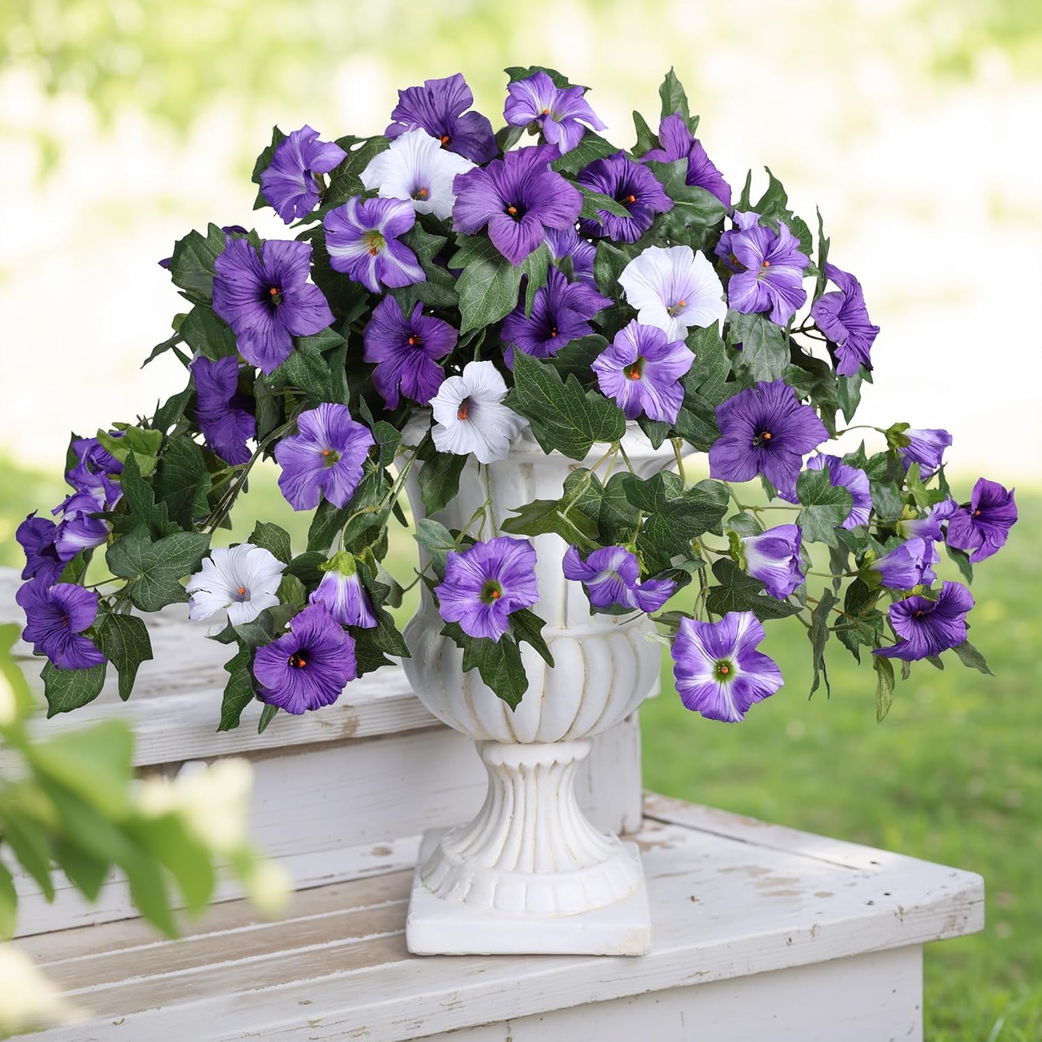 HyeFlora Artificial Flowers for Outdoors 2PCS Spring Faux Morning Glory Look Real Silk Flowers for Outside Planter UV Resistant Fake Flowers for Home Garden Balcony Yard Porch Deco Purple - Image 5
