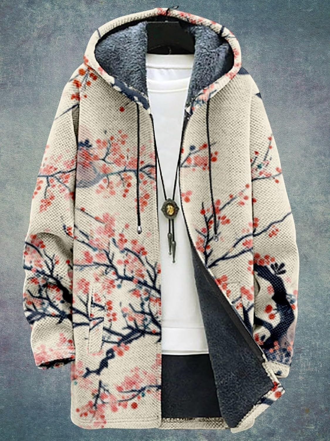 Men's Zip Up Hoodie Novelty Japanese Art Graphic Fleece Sherpa Lined Warm Jacket Long Cardigan Heavyweight Winter Coat