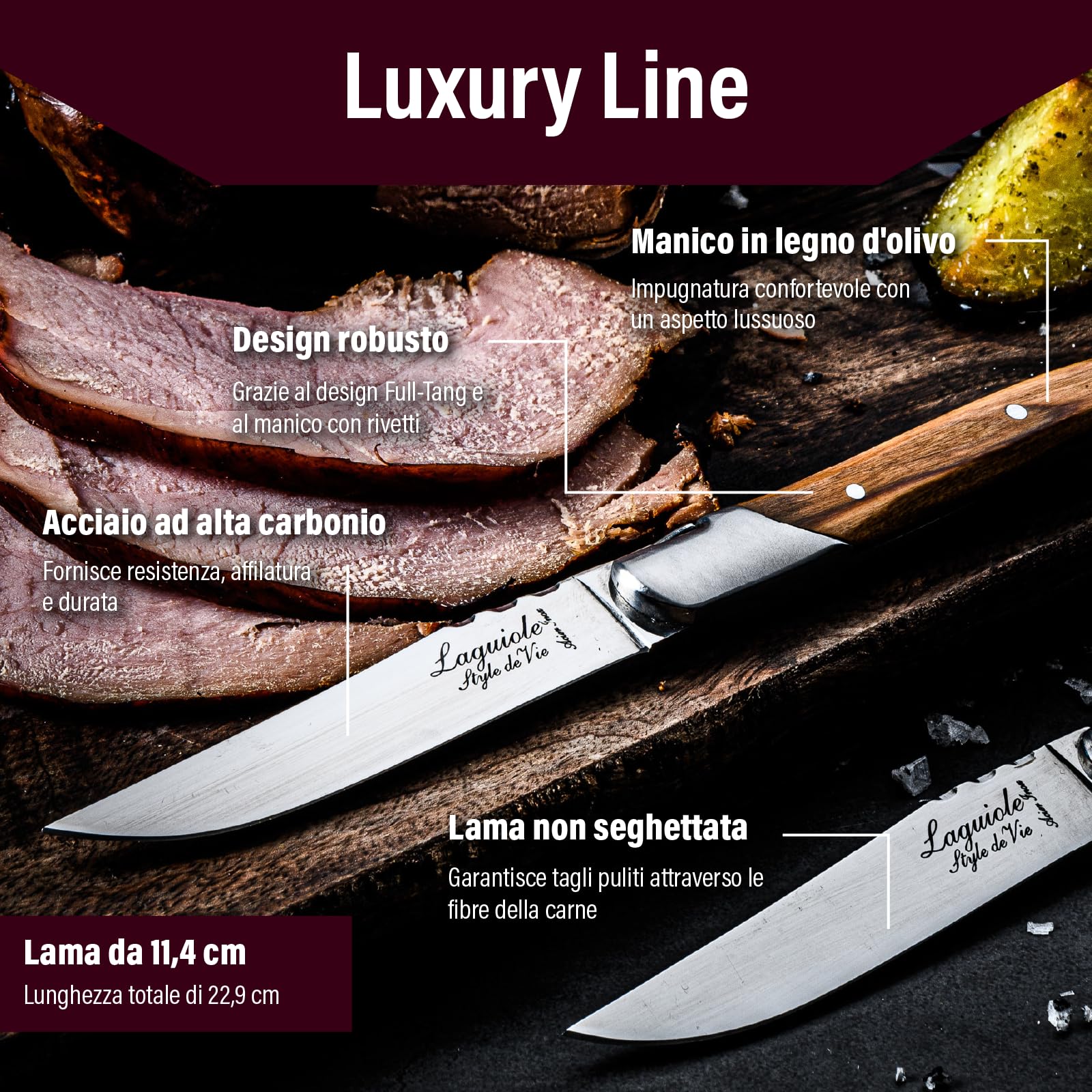 Laguiole Style de Vie Coltello da bistecca, Luxury Line, 6 pezzi, legno d'ulivo
