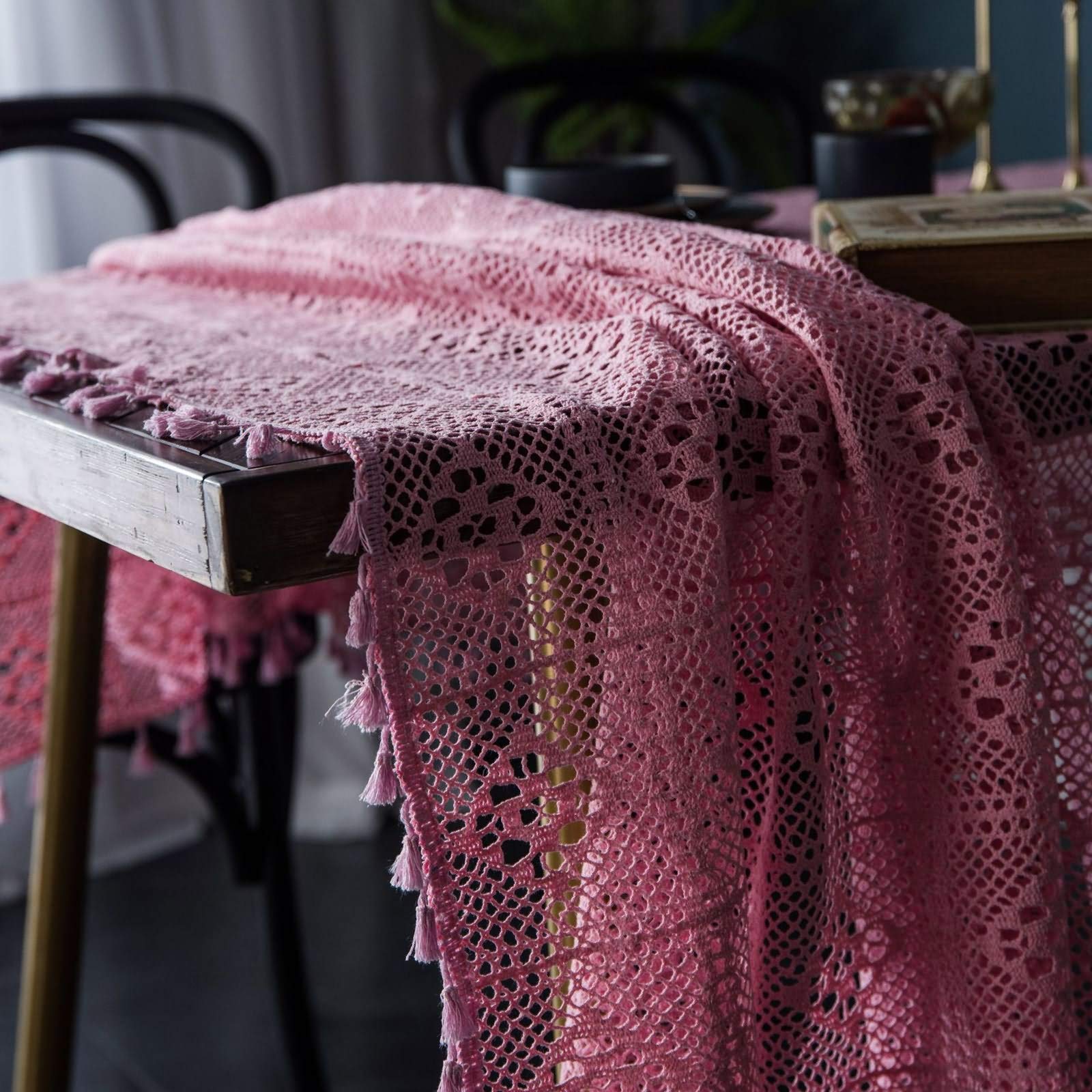 Nappe Table 140x220 cm en Coton, Rose, Nappe Rectangulaire Motif Carreaux Ajouré Style Américain, Toile de Fond Décoration