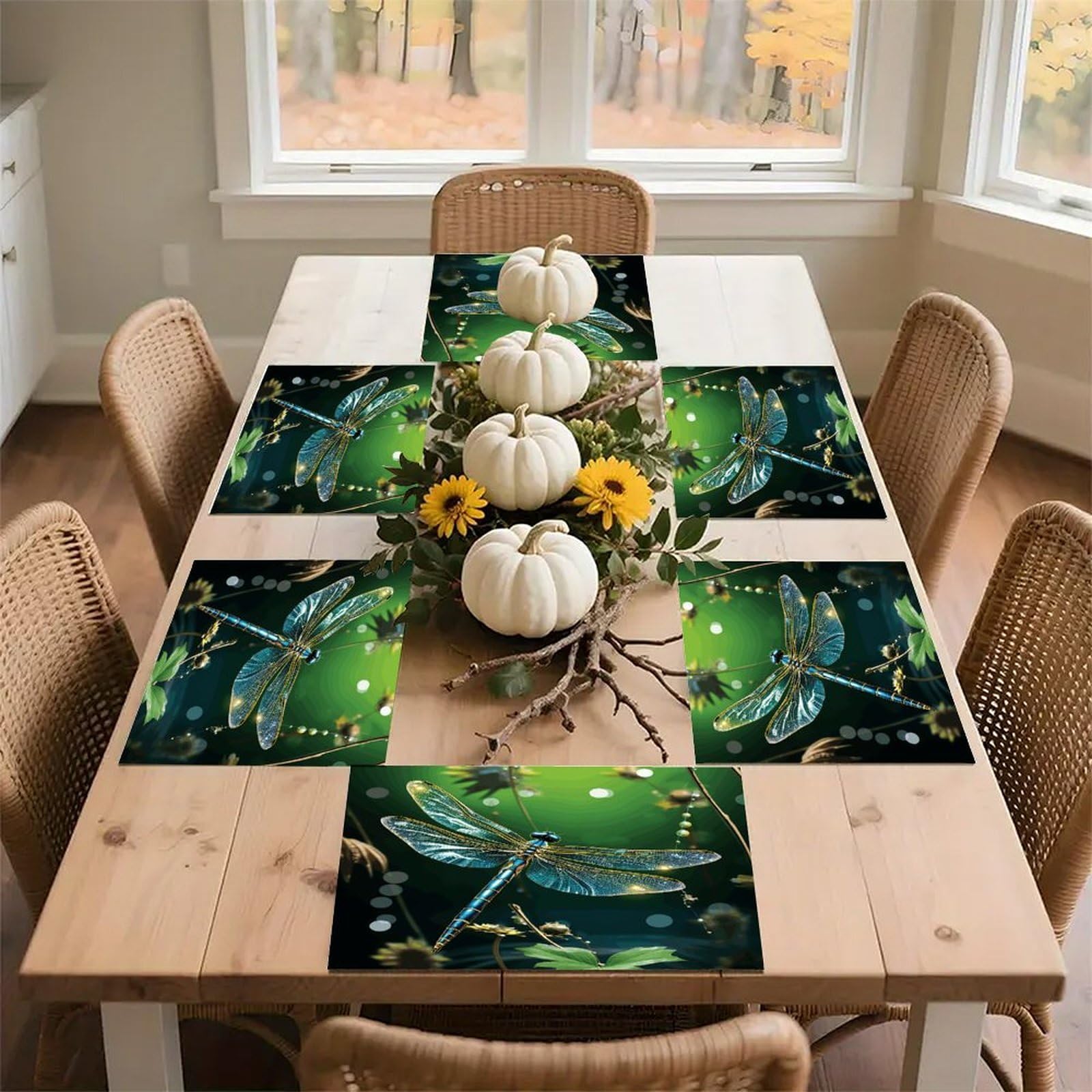 Dragonfly Green Placemats Non-Slip Heat Resistant Table Mats Flax Washable Cloth Place Mats Easy to Clean Premium Placemat for Kitchen Dining Table Decor Party Outdoor