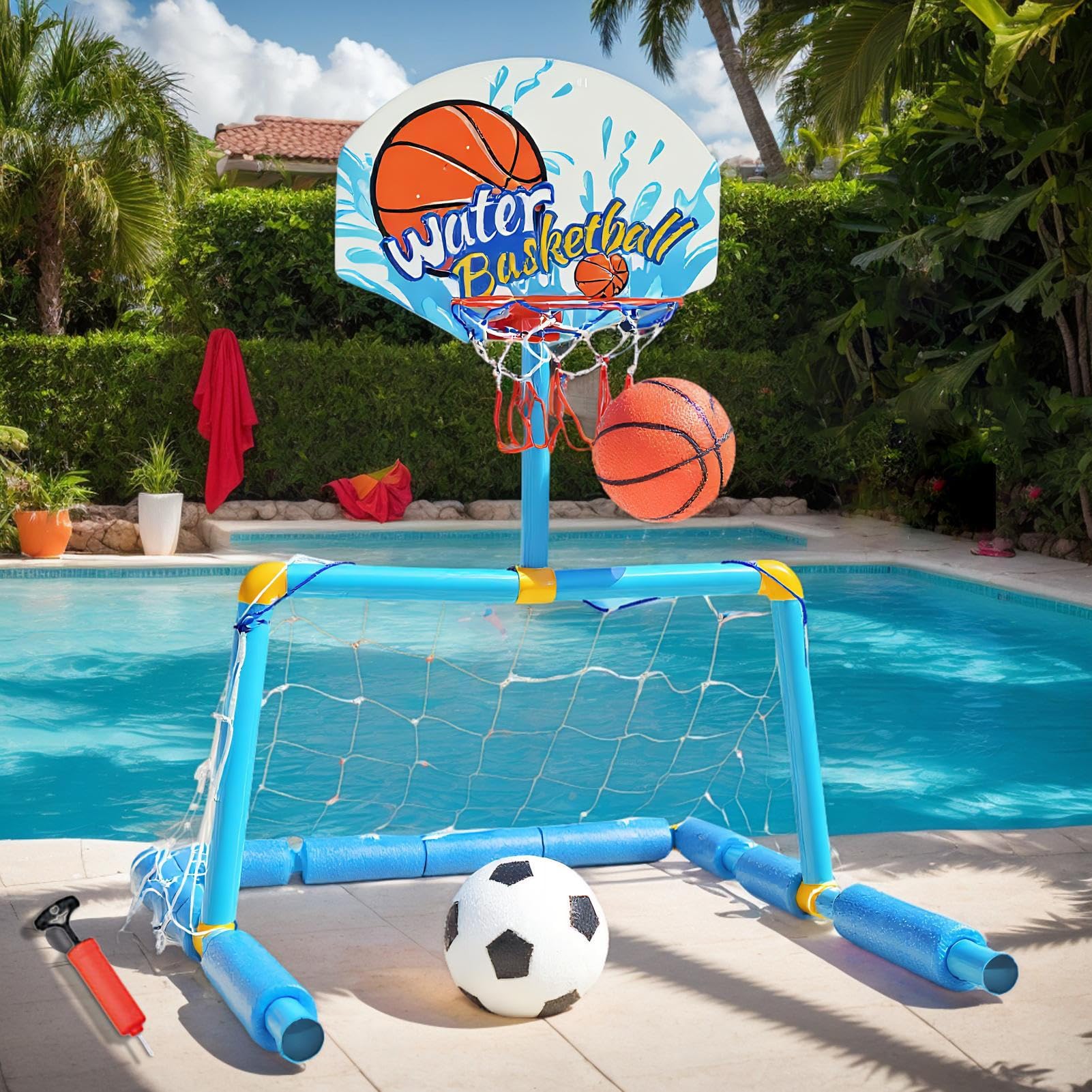 Ensemble D'objectifs De Sport Aquatique – Panier De Basket-ball Et De Football À Double Fonction, Jeu Flottant Interactif Avec Pompe Et Balles | Accessoire De Divertissement Pour À Partir De 4