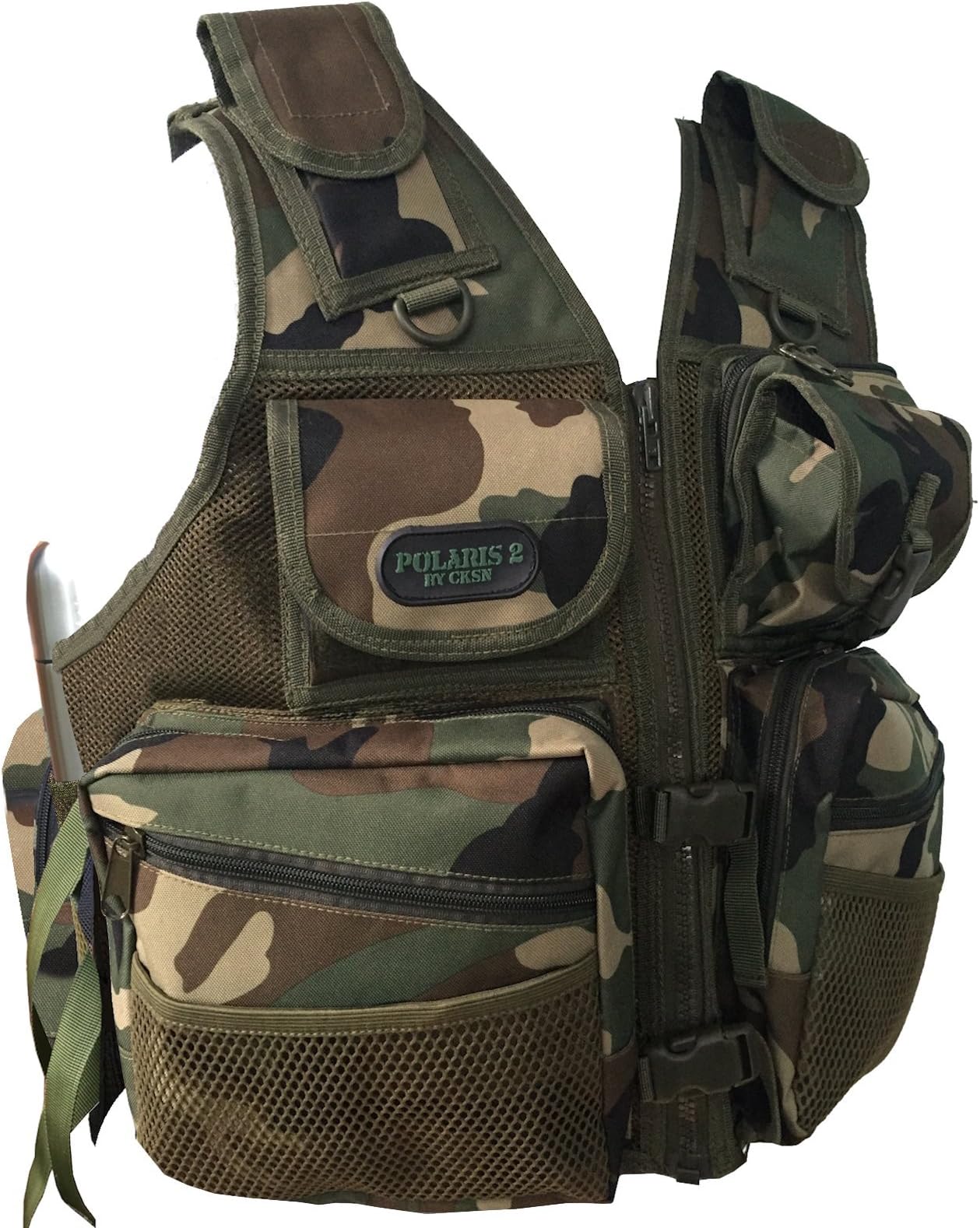 CKSN Polaris 2 Fishing Vest in Woodland Camo. Also for Hunting, Wading, Wildfowling, Wildlife Photography, Metal Detecting, Birding, Hiking Carp Pike Fly Salmon Trout