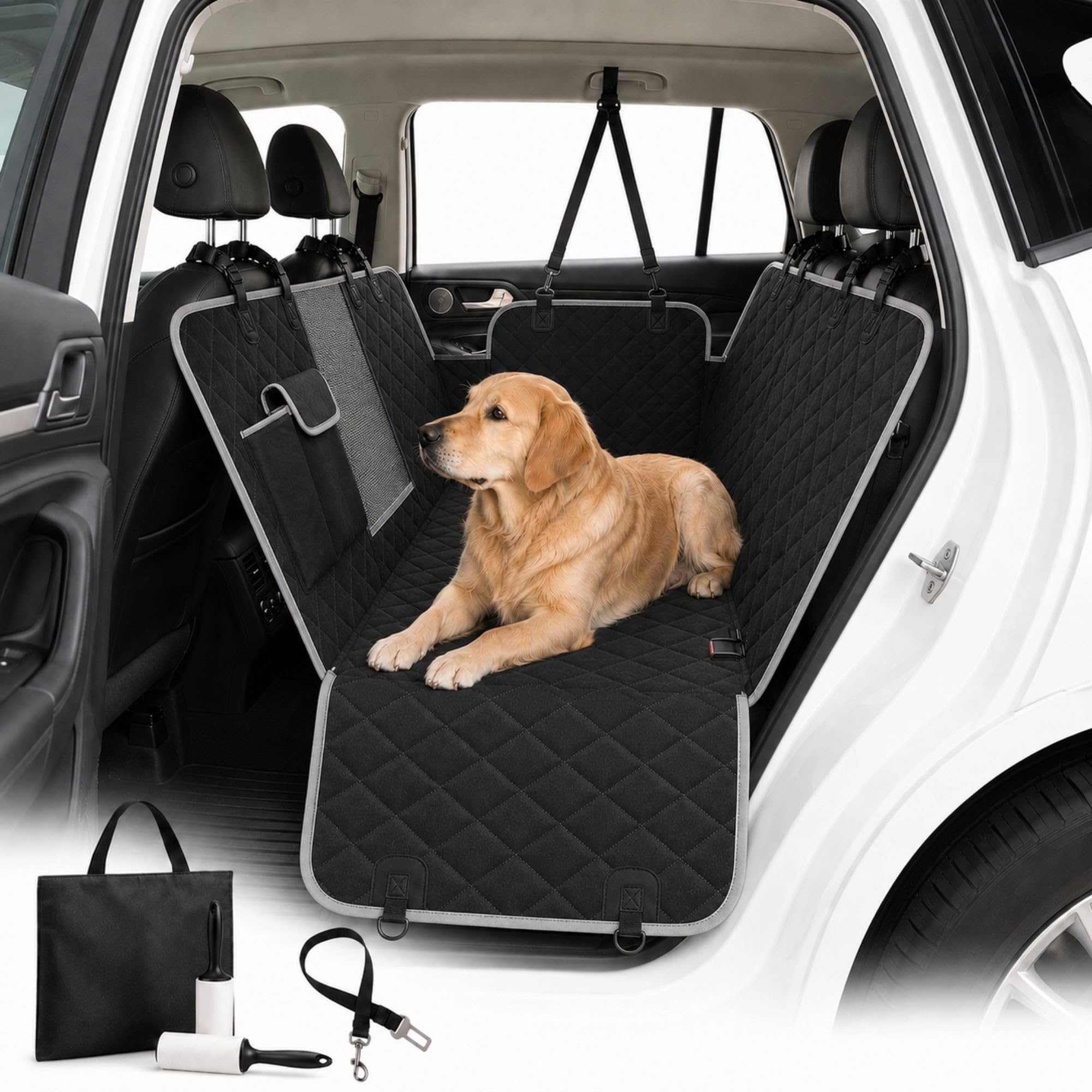 Waterproof Car Cover with Safety Strap + 2 Lint Remover Rollers – Non-Slip Car Seats Protector for Dogs with Mesh Window, Pocket and Carry Bag
