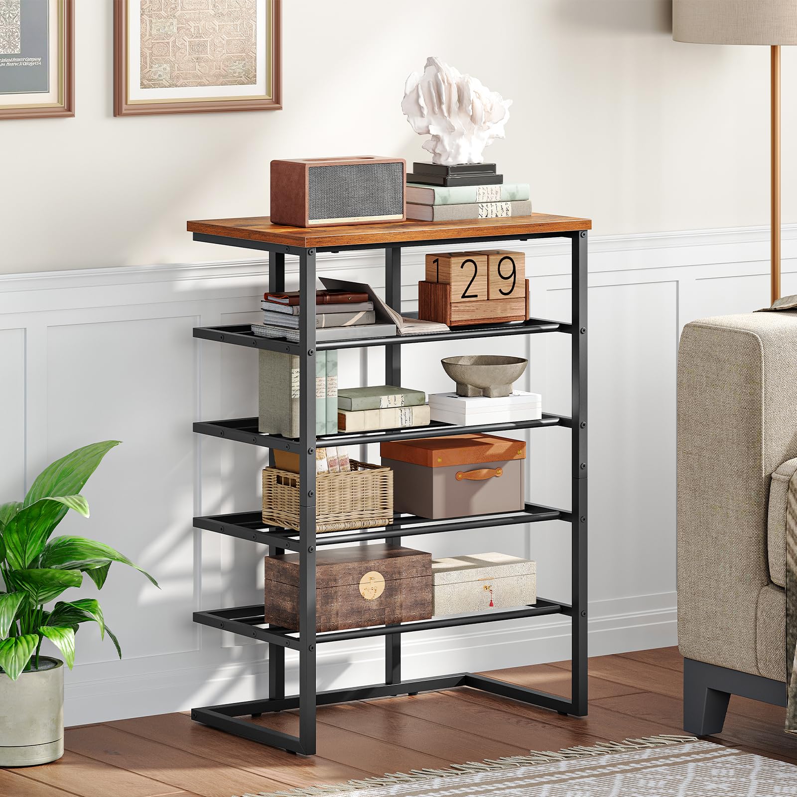 HOOBRO Scarpiera a 5 Livelli in Stile Industriale, Scaffale Portascarpe, Struttura in Metallo con Base a U e Piedini Regolabili, Marrone Vintage e Nero EBF54XJ01