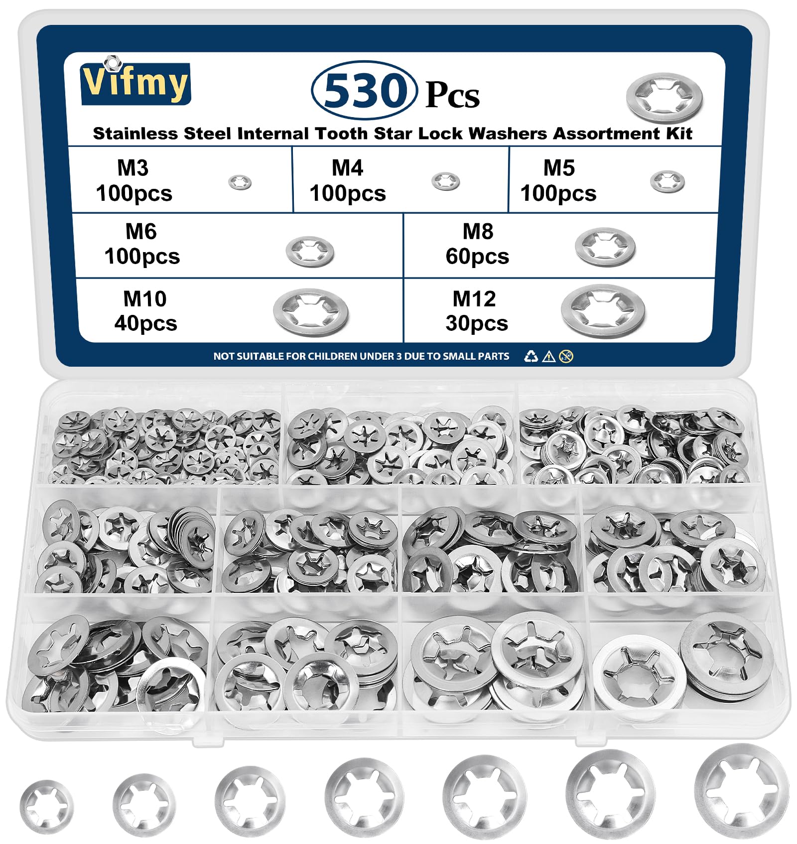 Kit surtido de arandelas de seguridad de estrella internas Vifmy (paquete de 530), M3, M4, M5, M6, M8, M10, M12, métricas, de acero inoxidable, con presión.
