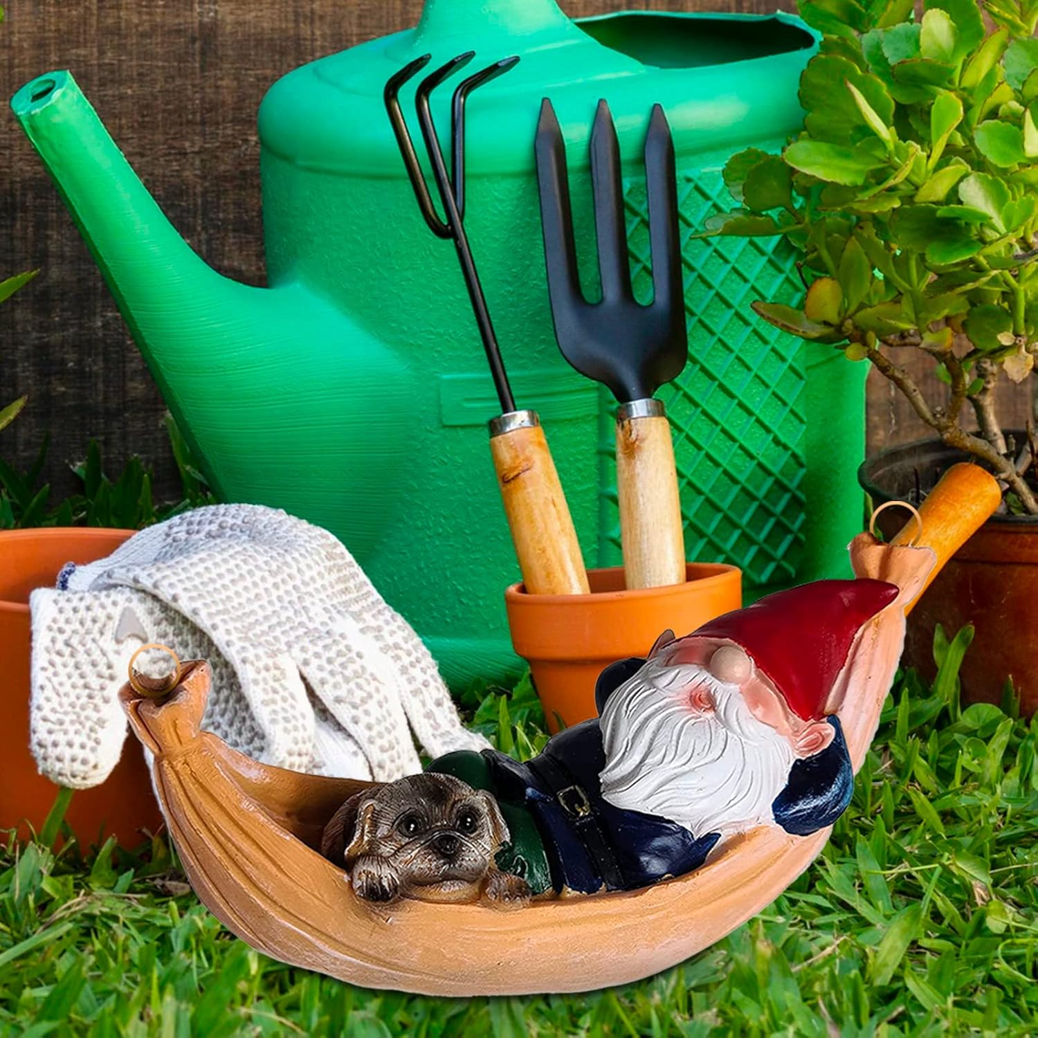 Funny Guy Mugs Hammock Gnome and Pug Statue - Indoor or Outdoor Garden Gnome Sculpture for Patio, Yard or Lawn