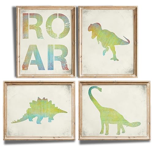 Impresiones artísticas de pared de dinosaurio para dormitorio (juego de 4), sin marco, 8 x 10 segundos, decoración prehistórica divertida y