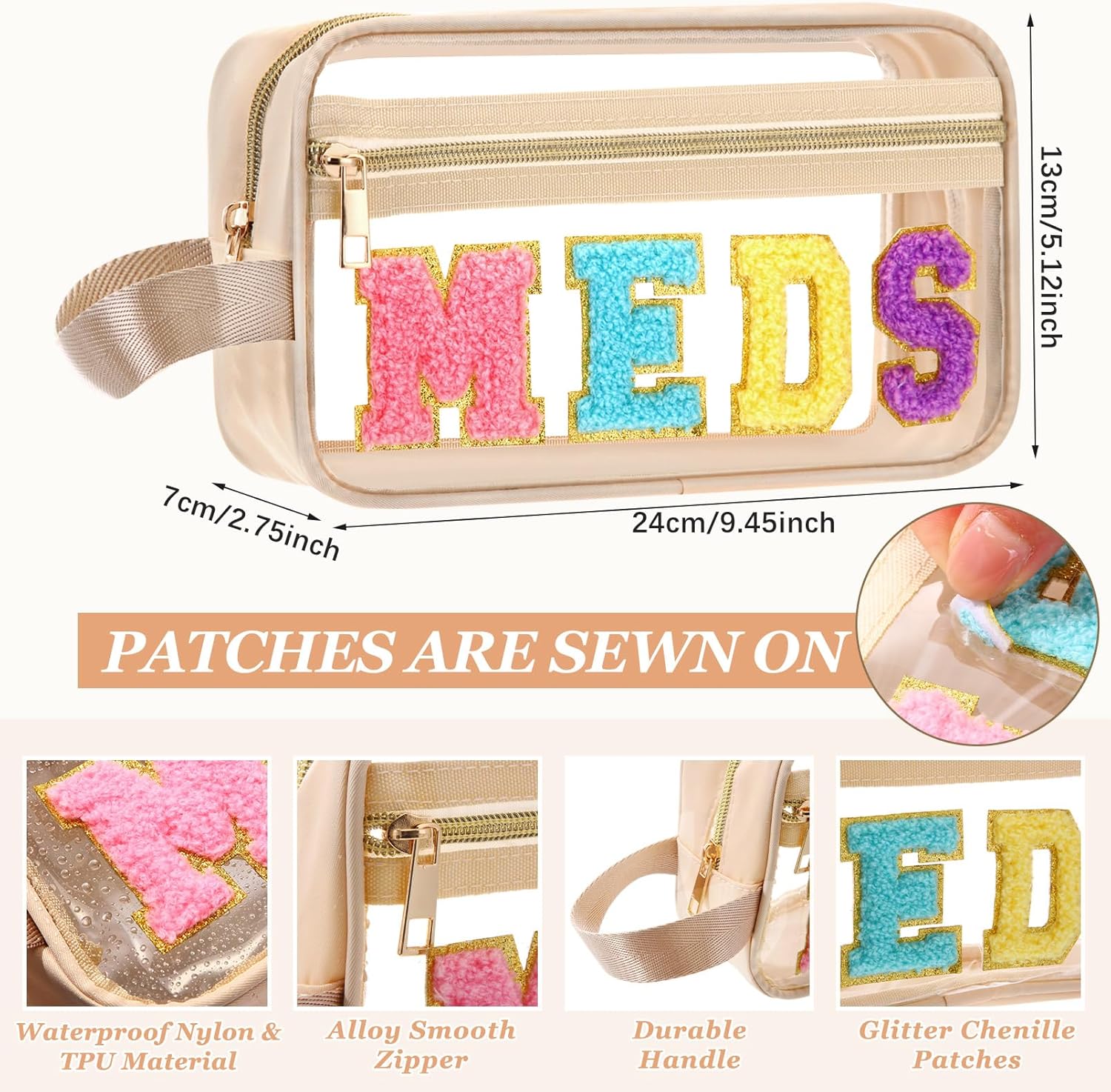 Pinkunn Chenille Letter Bag Clear Makeup Pouch Cute Preppy Letter Patch Cosmetic Bag with Zipper Nylon Waterproof Portable Travel Purse Toiletry Organizer for Appreciation Gift (Beige,Meds) - Image 2