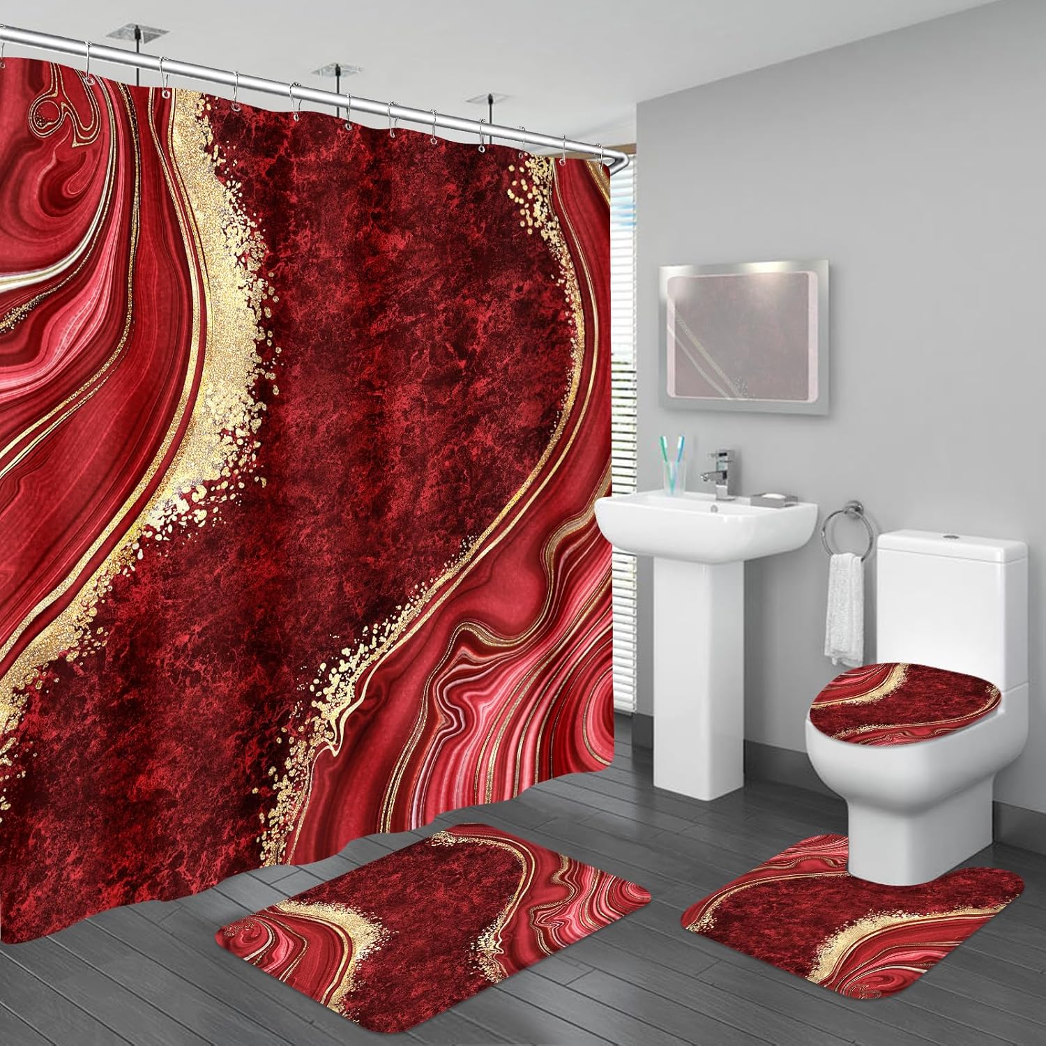 4PCS Emerald Green Gold Marble Shower Curtain Sets with Rugs, Abstract Bathroom Sets with Shower Curtain and Rugs, Bathroom Curtains Shower Set with Toilet Lid Cover for Bathroom Decor