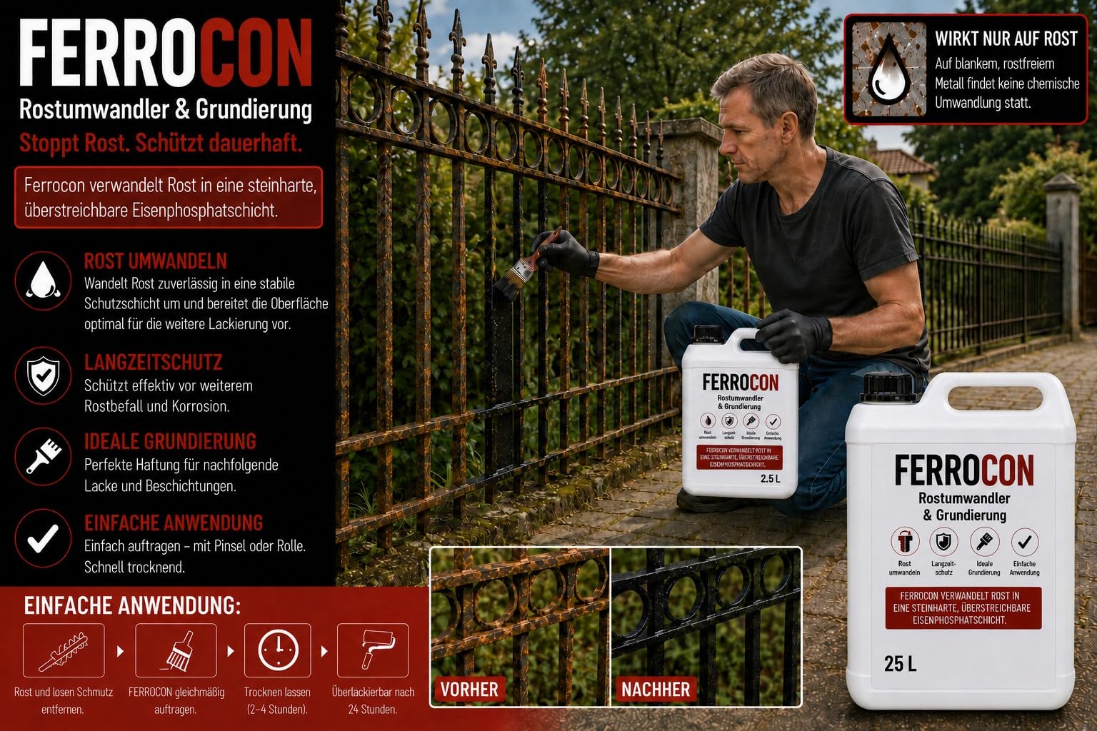 Ecoform Ferrocon 2,5 Liter (ca. 20 m²) Rostumwandler & Rostentferner – Für Eisen, Stahl und Kupfer – Reinigt Rost, Flugrost und Kupferkorrosion