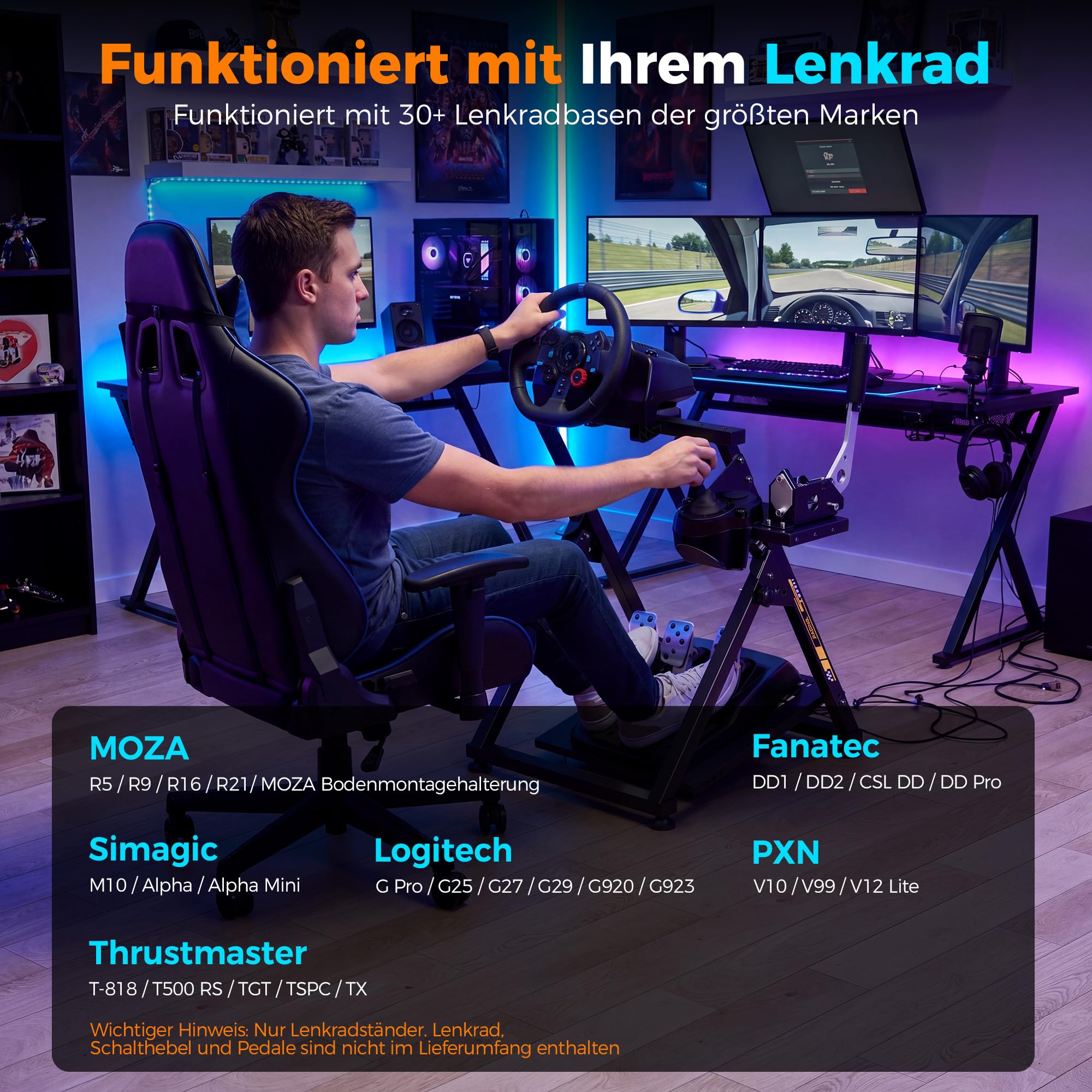 Hochkompatible Lenkradständer für Lenkrad, Faltbarer Gaming Wheel Stand Racing Lenkrad Halterung 31 Loch Lenkradplatte & 26 Loch Schalthebelplatte, Breit Höhenverstellbar Und Mit Trinkhalterung