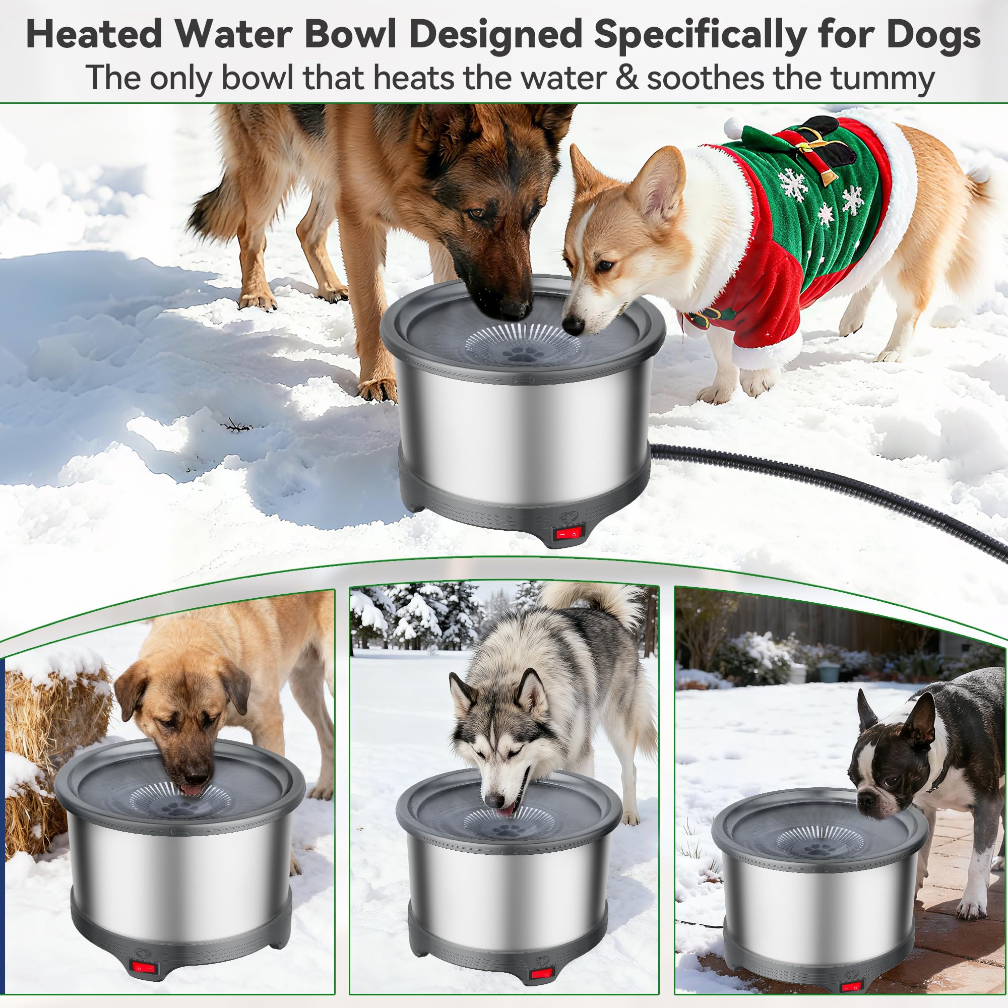 Cuenco térmico para perros de 6,5 L, cuenco de agua caliente de acero inoxidable para exteriores | Gran capacidad, diseño de bebida lenta, agua tibia para perros en invierno, control de termostato, cuenco sin congelación