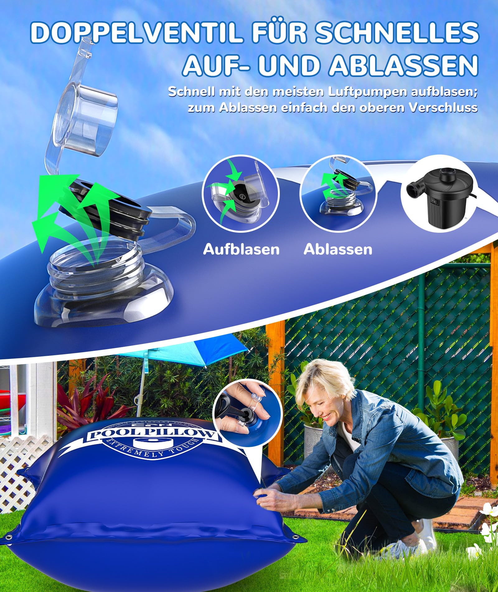 EPN Poolkissen für Aufstellpools, 120x120 cm, 0,5 mm Starkes kältebeständiges PVC Luftkissen für Poolabdeckungen mit Befestigungsseil, Winter Poolkissen zur Poolüberwinterung und EIS-Druckentlastung,