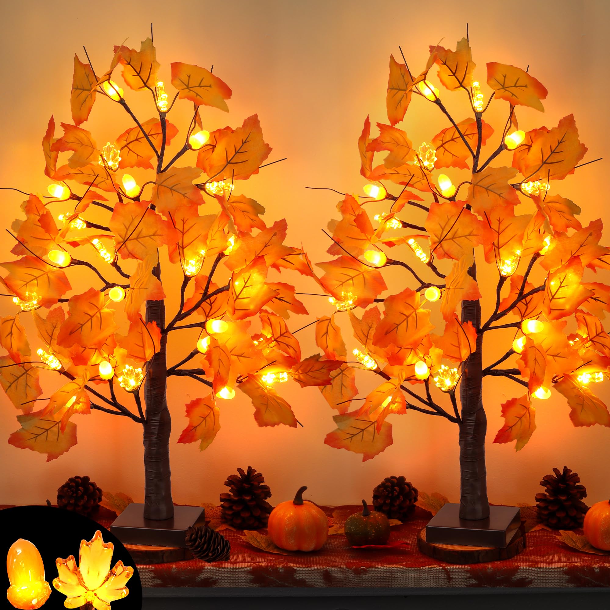 2 Pack 24 Inch Lighted Maple Trees with 48 LEDs & Timer, Fall Decorations for Home, Batte…
