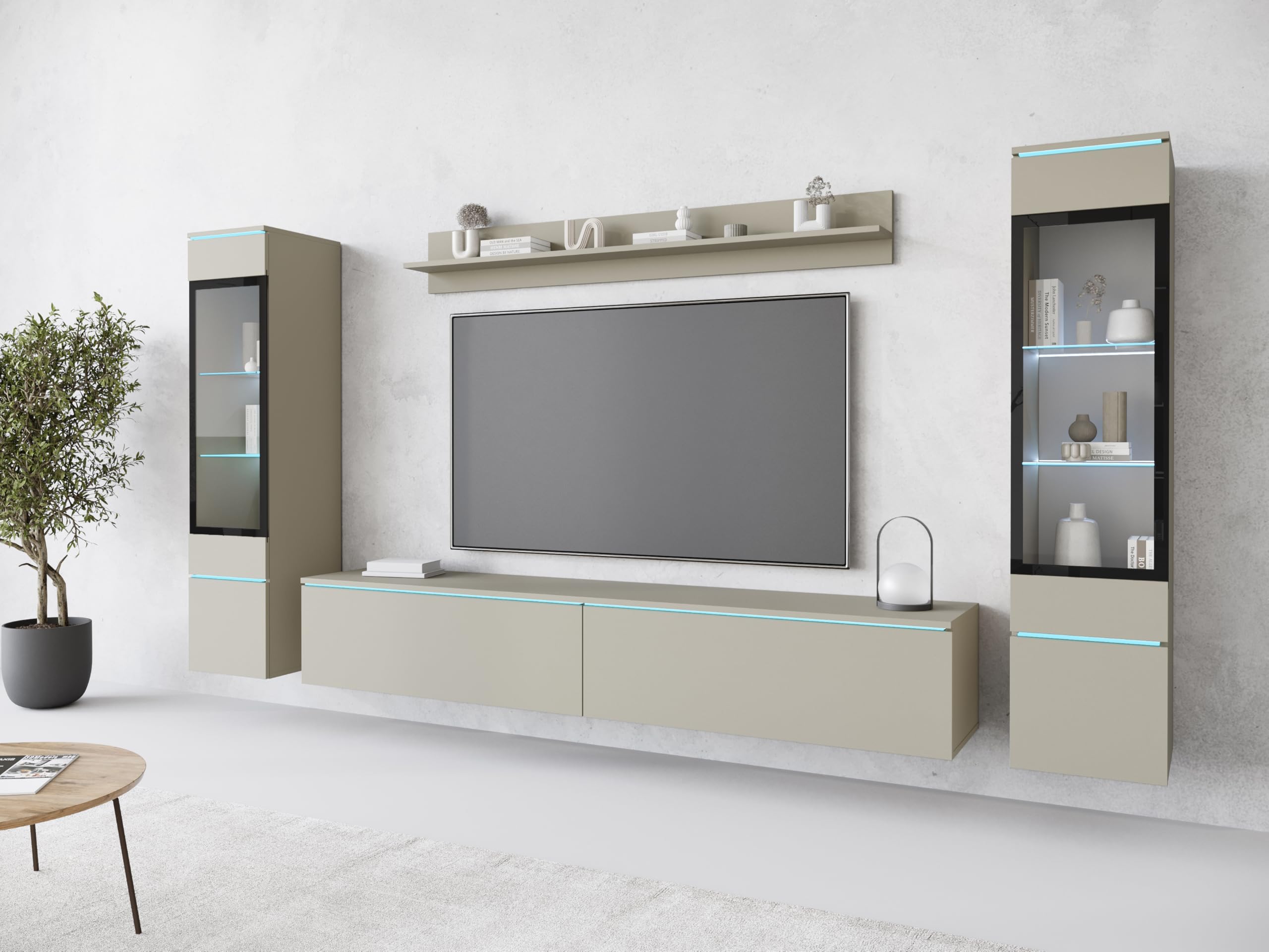 PIASKI Wohnzimmermöbel-Set Vera II, optionale LED-Beleuchtung, Wohnzimmermöbel, verschiedene Farben (Cashmir-Beige, ohne Beleuchtung)