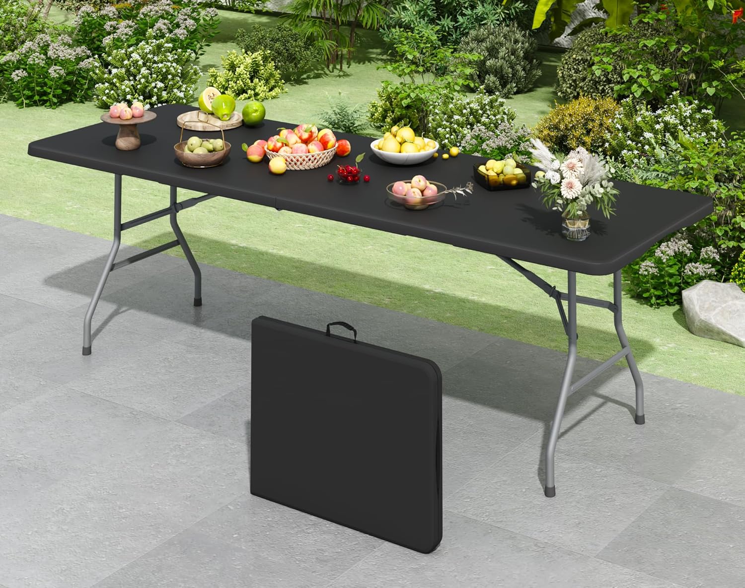 8FT Black Folding Table for Outdoor, 8 Foot Picnic Tables No Assembly Required Portable, Black Foldable Table for Camping, Parties, Meeting, Events, Wedding, BBQ, with Carrying Handle