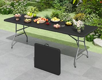 8FT Black Folding Table for Outdoor, 8 Foot Picnic Tables No Assembly Required Portable, Black Foldable Table for Camping, Parties, Meeting, Events, Wedding, BBQ, with Carrying Handle