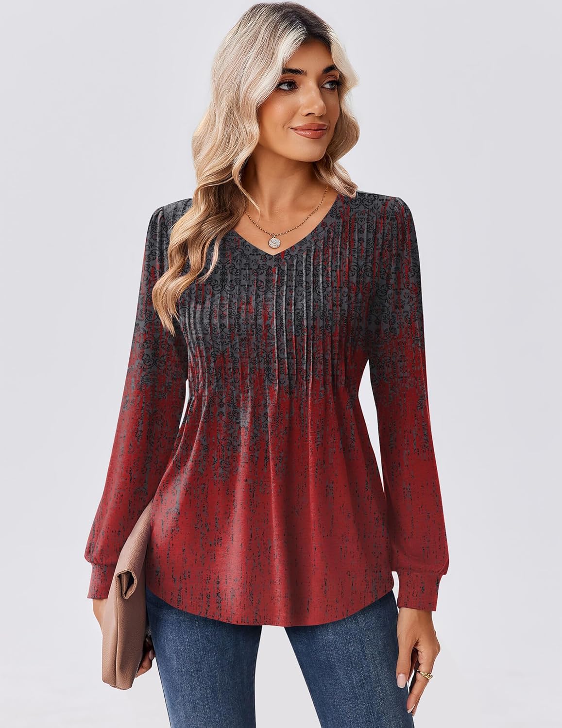 Zeagoo Long Sleeve Shirts for Women Casual V Neck Top Pleated Floral Boho Blouses 2026 Fall Tunics - Image 2