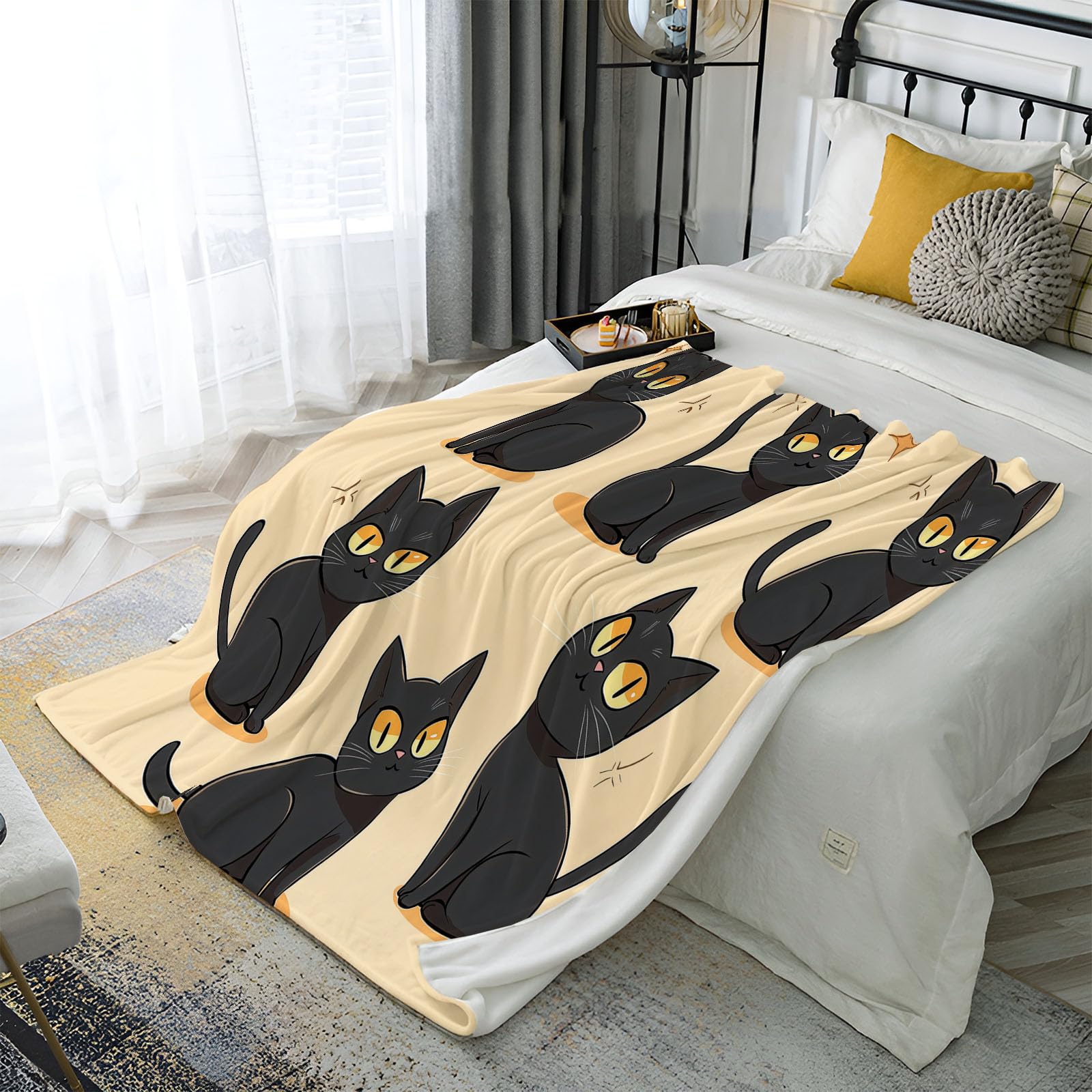Manta Estampada Lindo Gato Negro, Suave y Mullida Ligera Franela Dibujos Animados Animales Negro Manta, para Adolescentes y Adultos habitación Cama Sofá y Viaje 180x200 cm