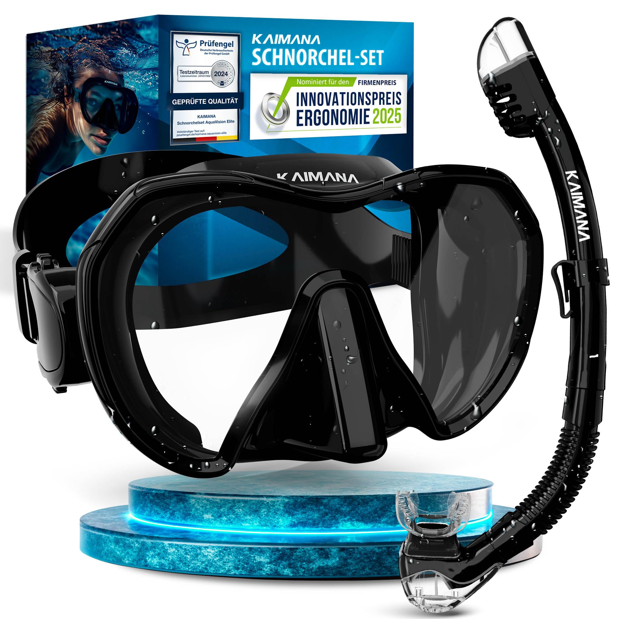Das Neue KAIMANA® AquaVision Prolite Schnorchelset für Erwachsene inkl. Tragetasche, Bequeme Taucherbrille Erwachsene, Alternative zur Schnorchelmaske, Taucherbrille mit Stoffband/Silikonstrap