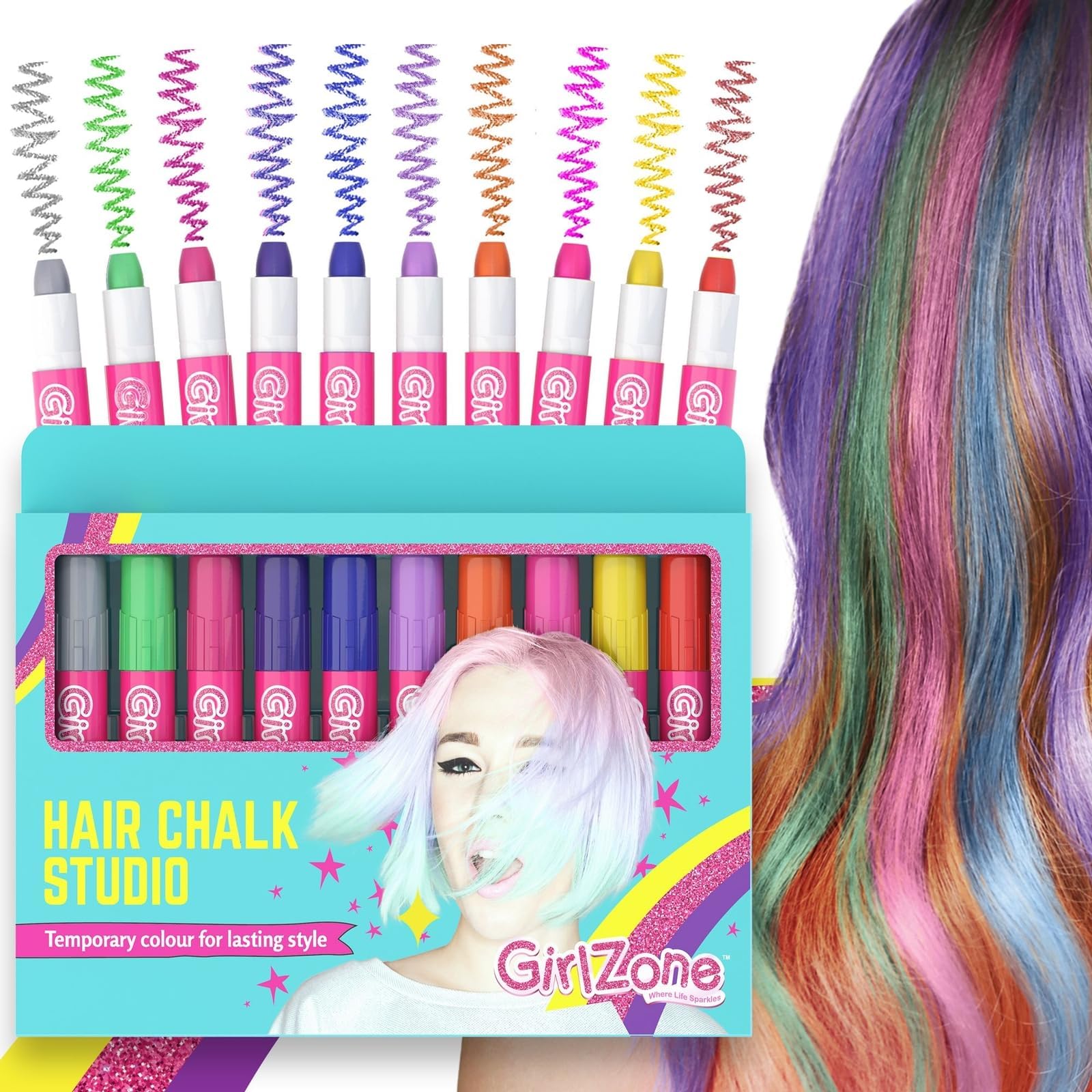 - Hair Chalks Set, 10-Piece Temporary Hair Chalk For Kids, Easy to Apply and Remove Temporary Hair Color for Kids Dress Up Parties, Role Play, Gift-Ready Vibrant Girls Hair Chalk Set