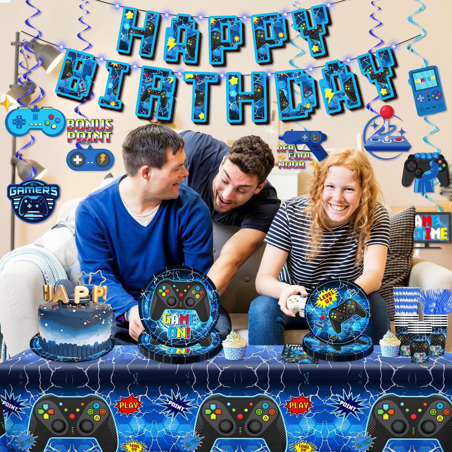 Video Game Birthday Tableware Set - 159pc Eco-Friendly Disposable Kit with 300 GSM Thick Paper Plates, Durable Paper Straws, Banner, Napkins, Cups, Tablecloth for Gamer Party Boys - Serves 25 Guests