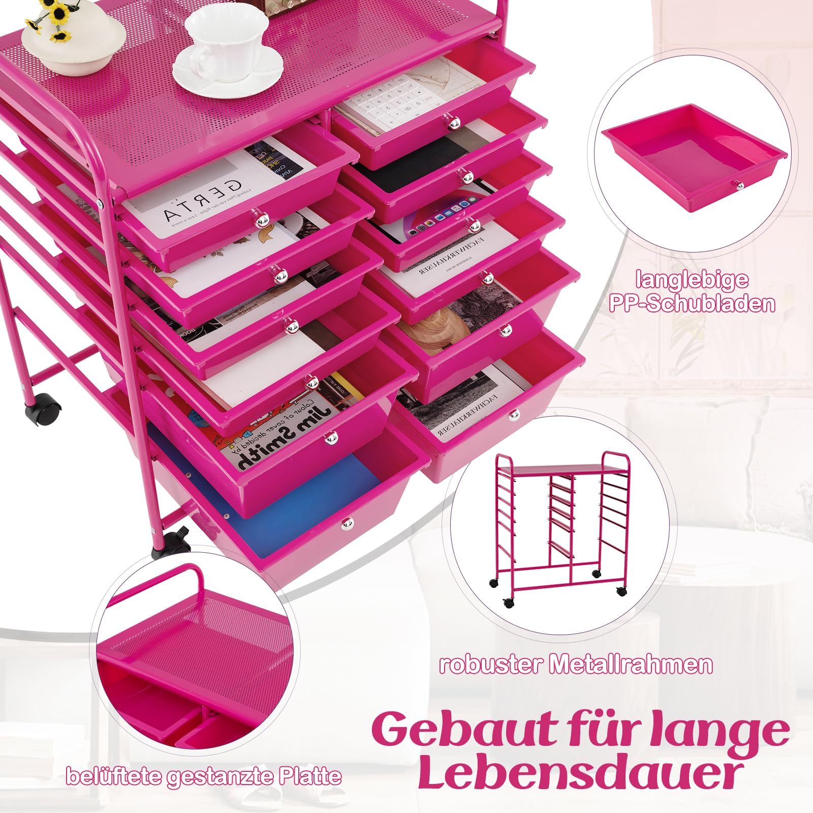 GOPLUS Rollwagen Schubladenwagen, Rollcontainer mit 12 stapelbaren Schubladen, Haushaltwagen auf Rollen mit Bremsen, Badtrolley Badregal, Aufbewahrungswagen für Heim und Büro (Hot Pink)