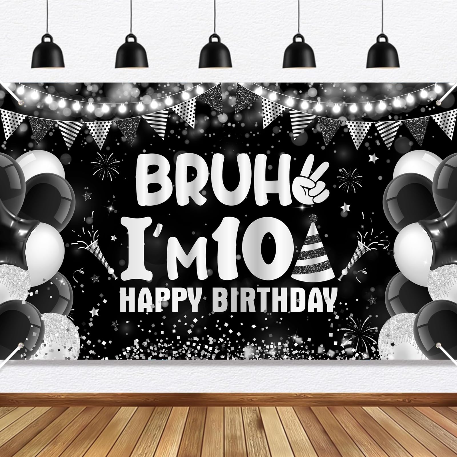 10th Birthday Party Decorations Backdrop for Boys Black Silver Bruh I'm 10 Banner Funny Teenage Bday Banner Teen Boy 10th Birthday Decor 5.9x3.6ft Happy 10 Years Old Birthday Party Supplies — image 1
