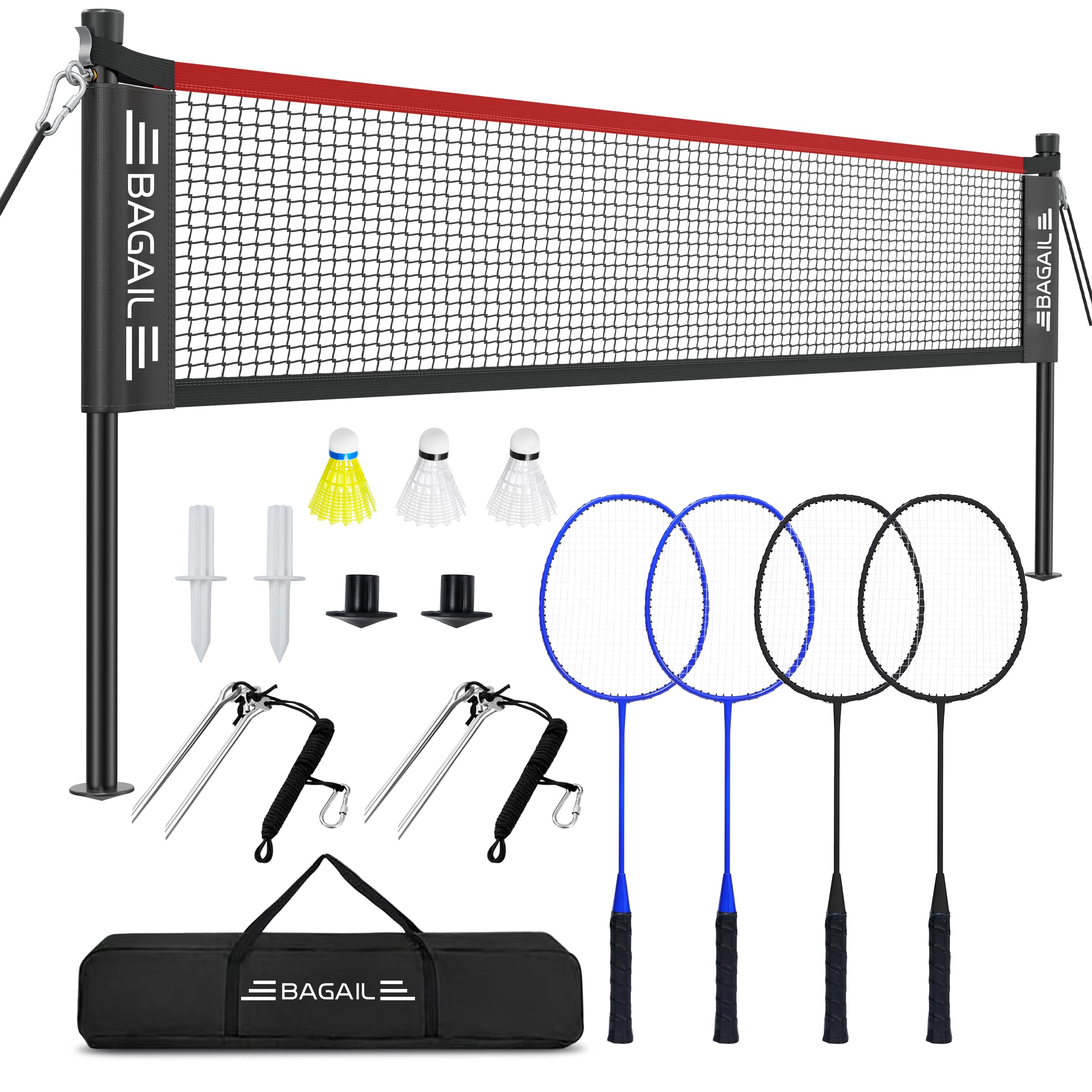 BAGAIL Outdoor Badminton Net Set with Anti-Sag Winch System - Official Size 6.1x1.55m, 4 Rackets, 3 Badminton Balls, Durable PE Net and Carrying Bag for Backyard, Beach and Family Games