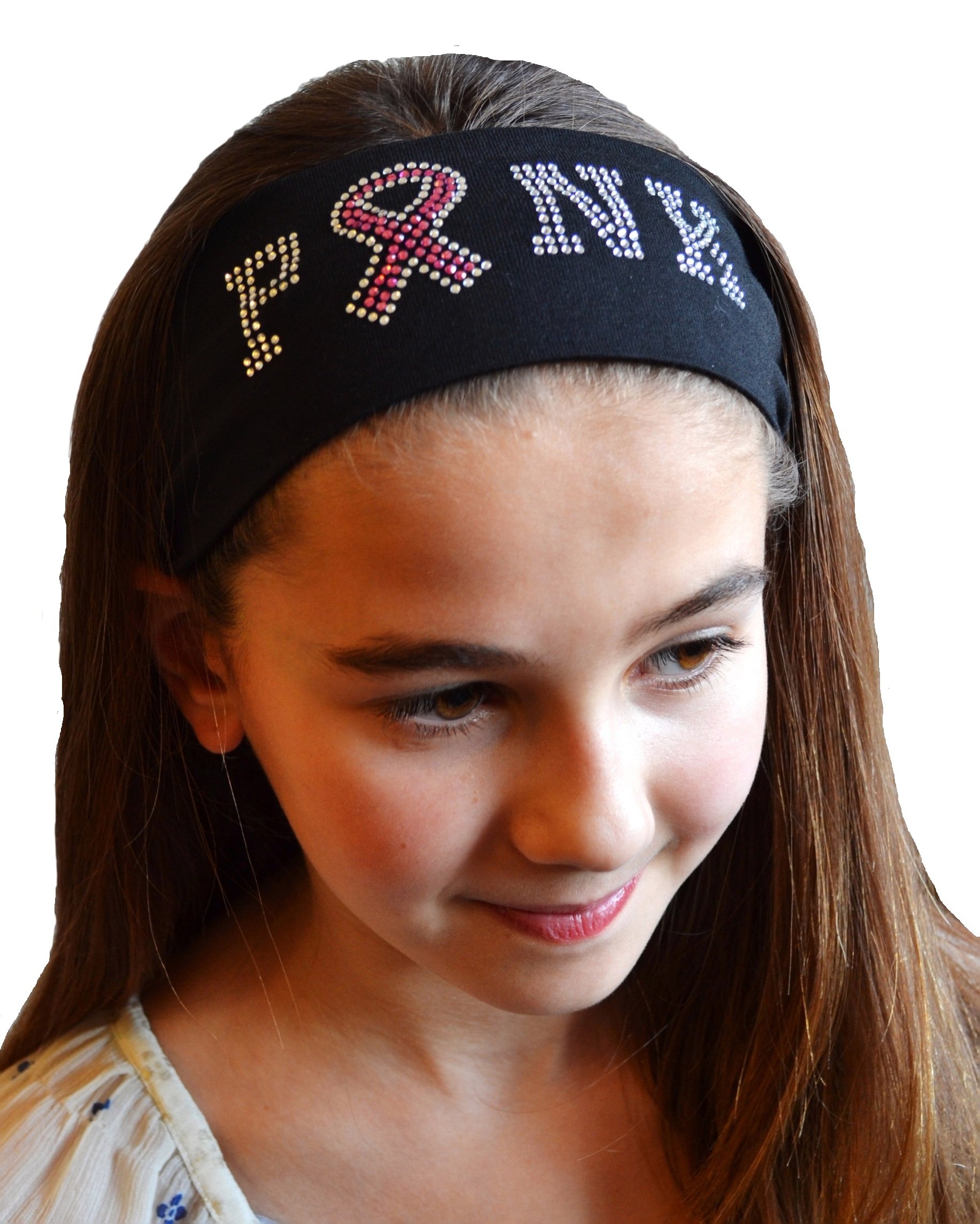Funny Girl Designs Pink Ribbon Breast Cancer Awareness Rhinestone Stretch Headband (White)